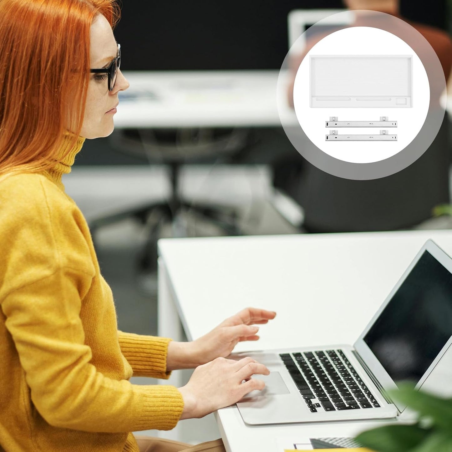 Under Desk Keyboard Tray Sliding Drawer Set with Clamp, Grey-White Keyboard Holder for Office Desk Storage and Computer Workspace Organization