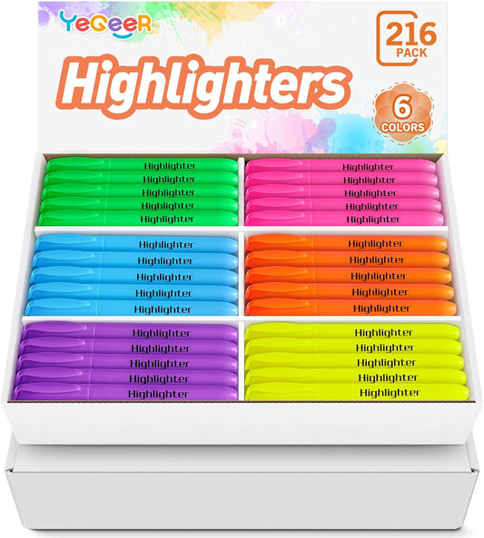 Highlighters, Chisel Tip Dry-Quickly Highlighter Markers, 216 Count-6 Assorted Colors Highlighters Bulk Pack for Adult Kids, Office Classroom Must Have, School Supplies for Teachers (2 Boxes of 108)