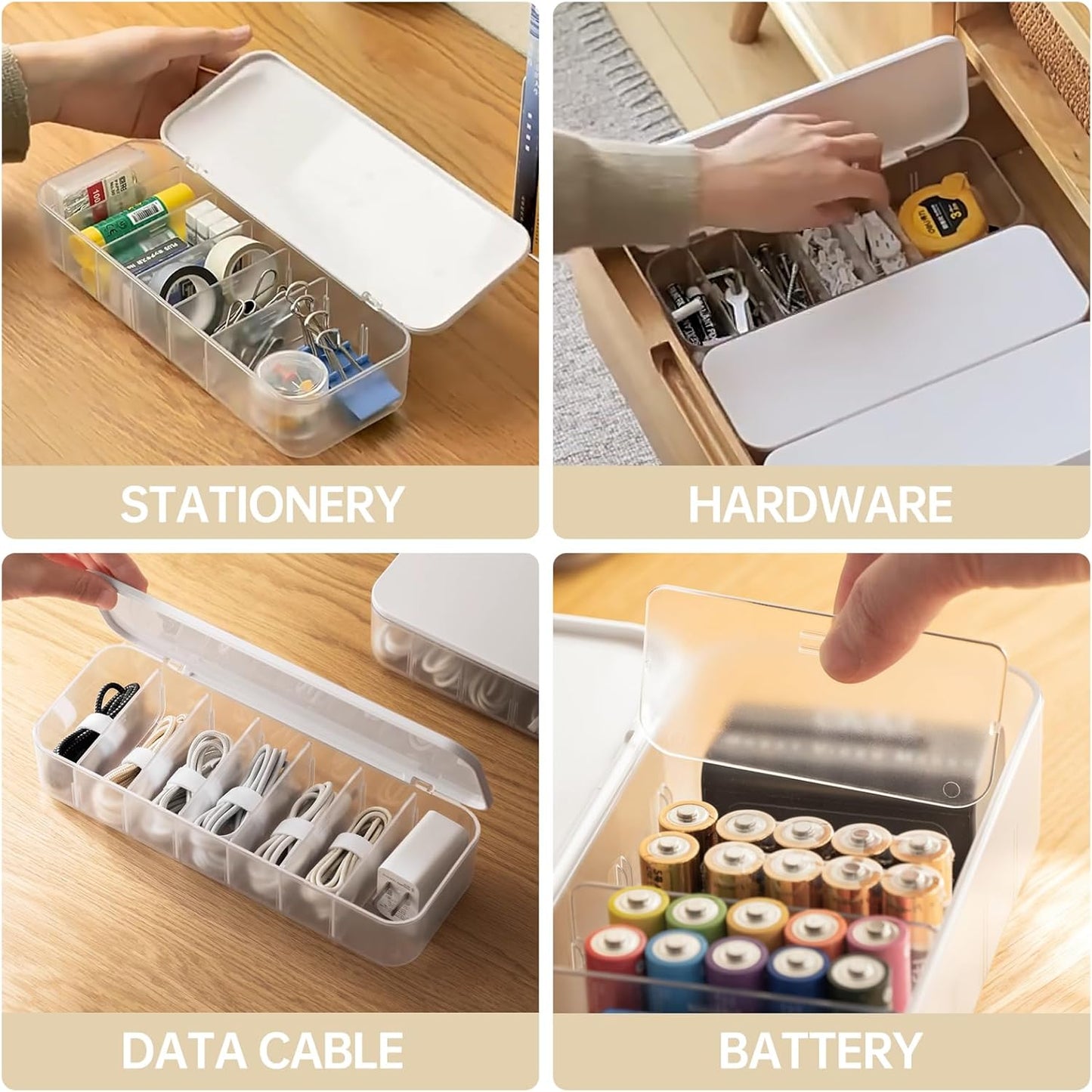 2 Pcs Cable Organizer Storage Box with 14 Wire Ties,Desktop Cable Management Box with Lid,Power Cord Organizer for Office,Home,Desk Accessories Storage Stationery Supplies White