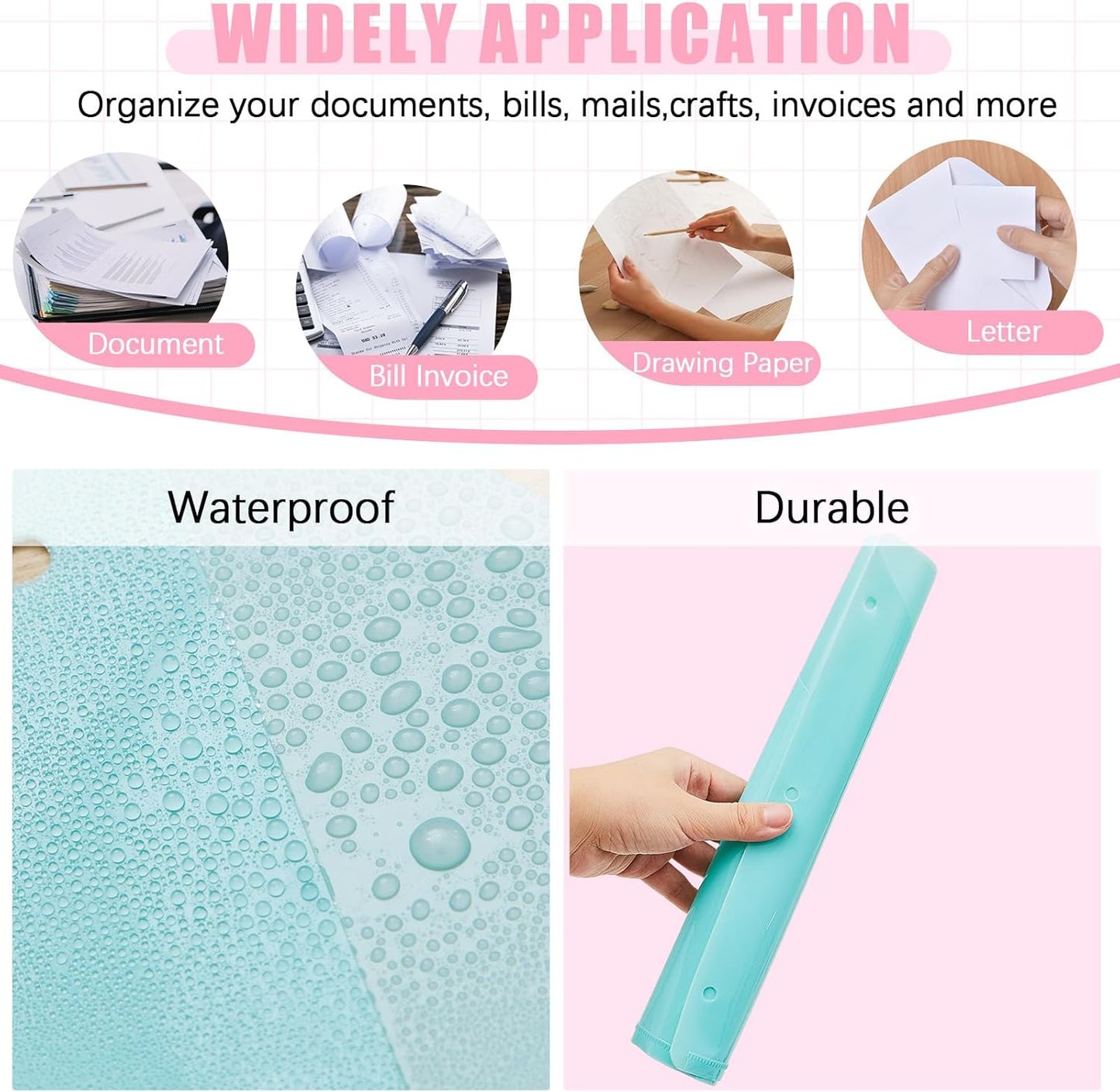 Maitys 50 Pack Binder Pockets 3 Hole Punch Clear Plastic Document Folders Binder Organizer Store Letter Size 8.5x11 Inch Paper Folders with Pockets Slash File Jacket for Office (Macaron Color)