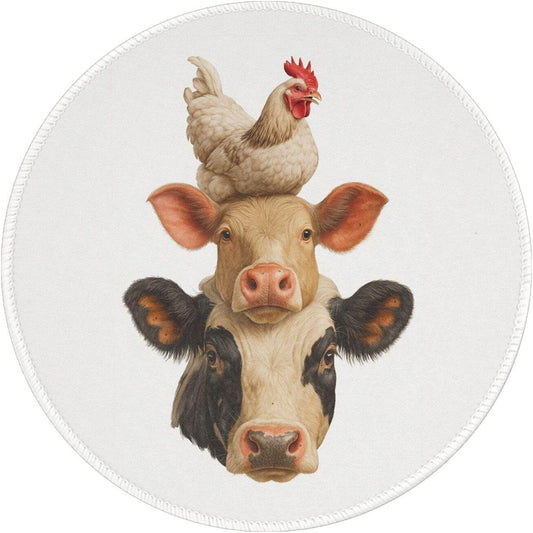 Funny Farm Animal Mousepad Non-Slip Round Print Stitched Edges Rubber 8in