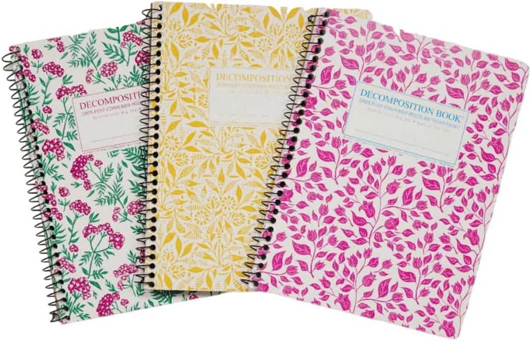 Decomposition 3-Pack Floral Harmony College Ruled Spiral Notebook - 9.75 x 7.5 Journal with 160 Lined Pages - 100% Recycled Paper - Cute Notebooks for School Supplies, Home & Office - Made in USA