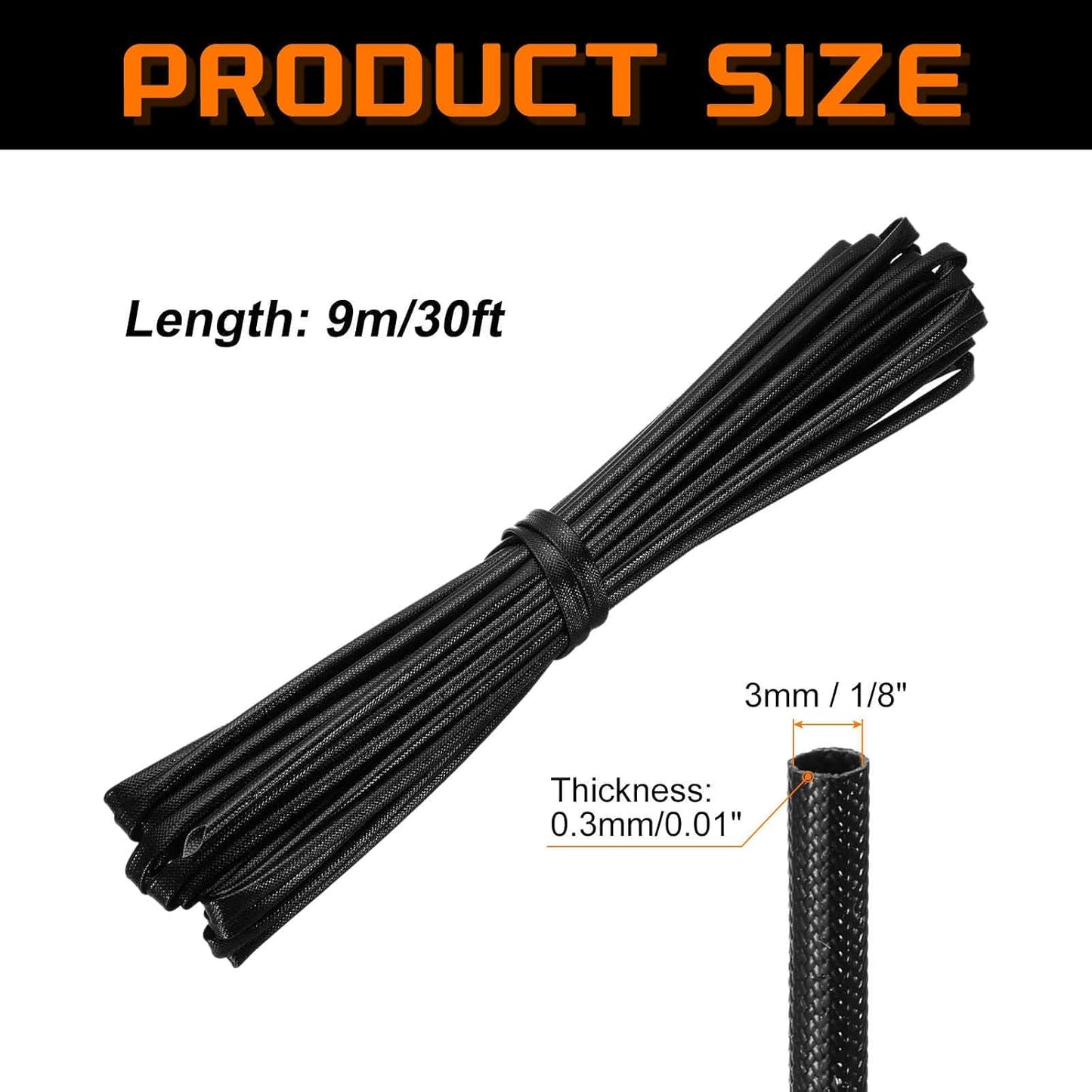 MECCANIXITY 30ft Braided Cable Sleeve, 1/8" ID 200C High Temperature 1500V Fiberglass Wire Insulation Cord Protector Organizer Wires Management for Motor Engine Fuel Line, Black