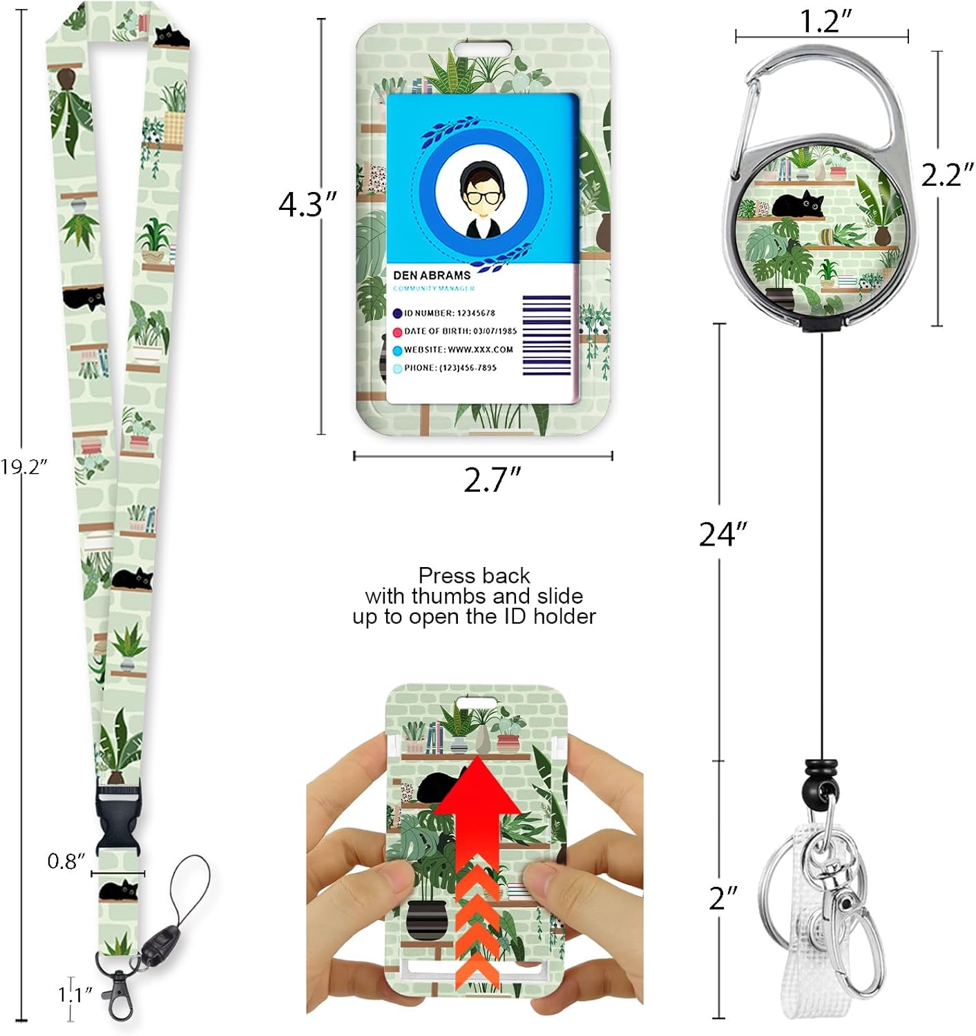 Immaturus Cute Cat Lanyard with Id Holder, Plant ID Badge Holder with Retractable Lanyard, ID Holder with Badge Reel Clips, Animal Keychain Name Tag ID Card Holder Teacher Women Doctor Office Gift