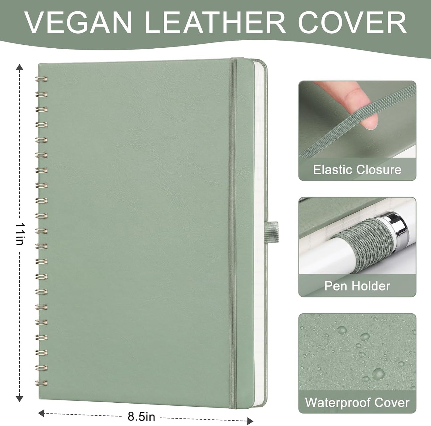 AHGXG Lined Spiral Journal Notebook for Women Men, 8.5" x 11", A4 Large, College Ruled, Hardcover Leather, 100 GSM Paper, Notebooks for Work School Note Taking Writing, Sage Green