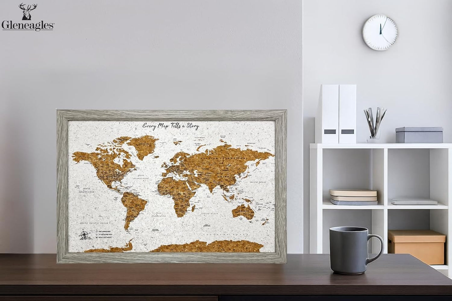 World Map Pin Board Travel Map Gray Frame | Framed Pinboard | Cork Wooden Design | 70 Push Pins Included | 14.2'' x 21.2'' Personalised Home Wanderlust Decor for Travelers