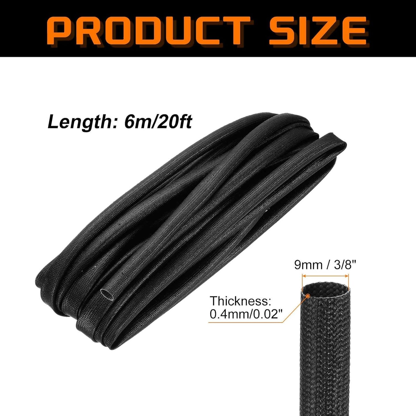 MECCANIXITY 20ft Braided Cable Sleeve, 3/8" ID 200C High Temperature 1500V Fiberglass Wire Insulation Cord Protector Organizer Wires Management for Motor Engine Fuel Line, Black