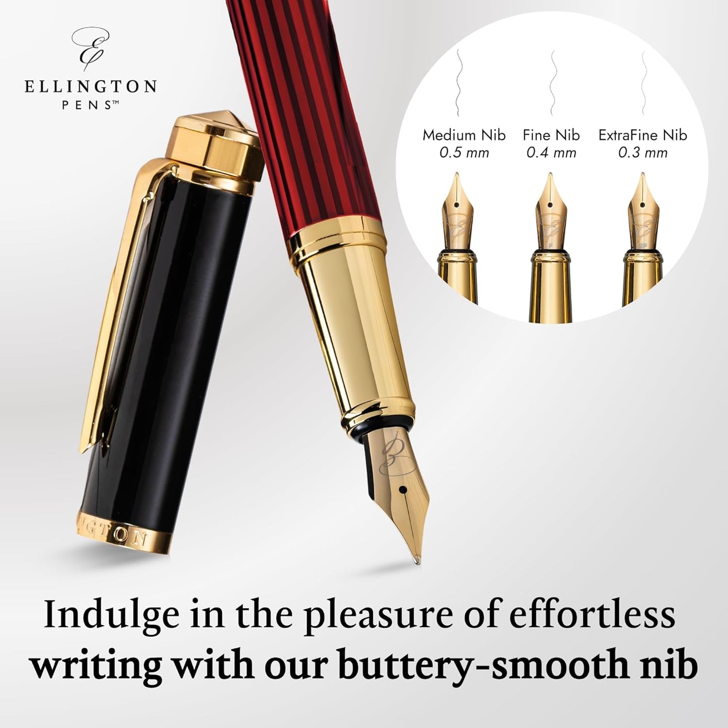 Ellington Pens Luxury Fountain Pen Set - Smooth Medium Nib - Includes 3 Ink Cartridges, Refillable Ink Converter, Gift Box-Fountain Pens For Writing, Calligraphy, Journaling, Sketching (Crimson Blend)