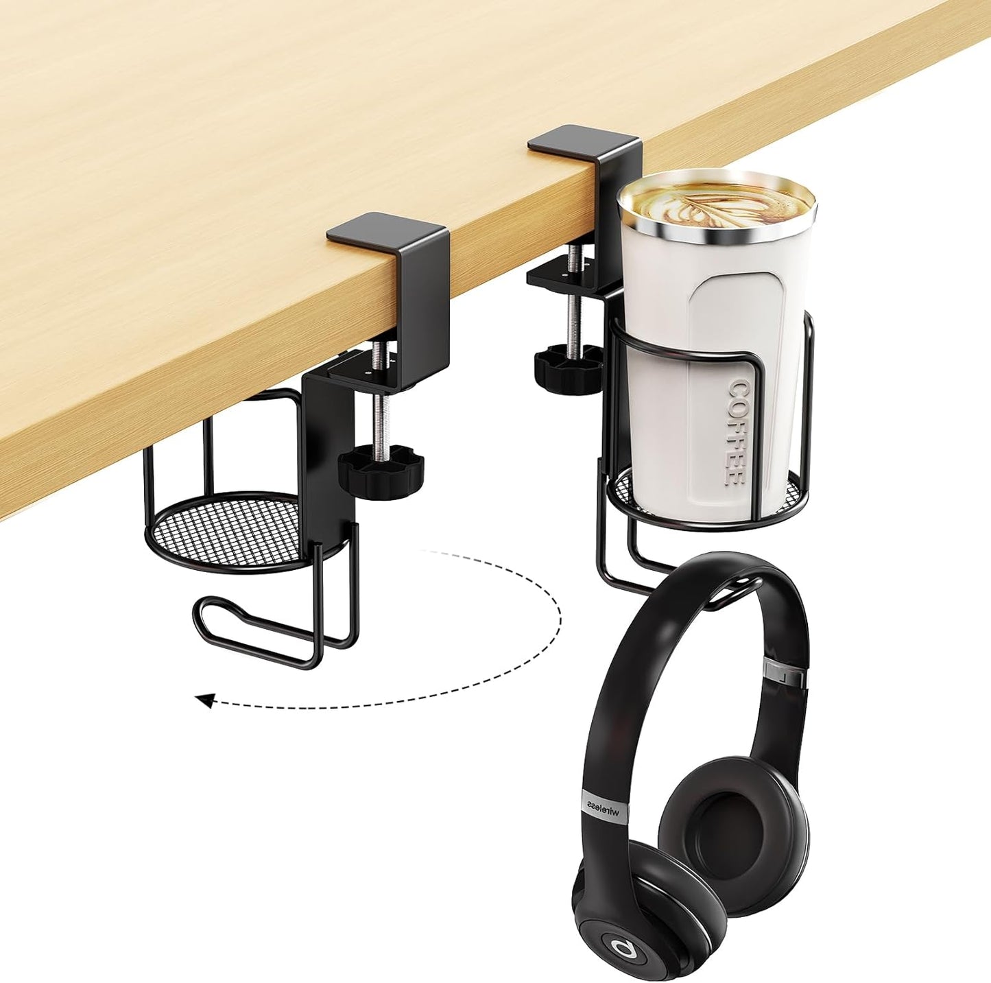 2 Pack 2 in 1 Desk Mug Hooks with Headphone Hanger Holder, Anti-Spill Clip-On Table Mug Hooks with 360° Rotation for Lawn Chair, Office Home Gaming Table