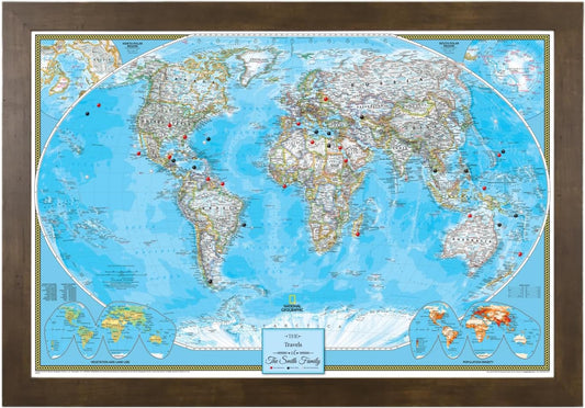 Canvas Classic World Map Pin Board – Framed Travel Map with Pins for Wall – Personalized Push Pin World Map for Tracking Journeys – 27.5" x 39.5" Rustic Brown Frame