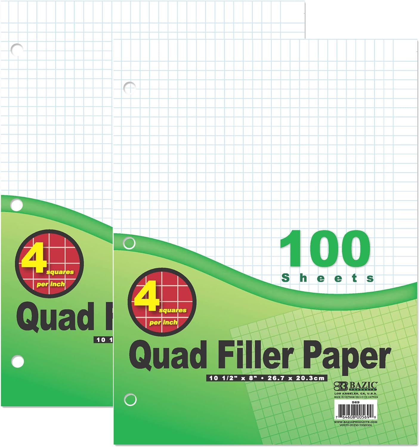 BAZIC Products Filler Paper Loose Leaf Papers 100 Sheet, 4-1" Quad Ruled, 3 Hole Punched for Ring Binders, Graph Drafting for Office School Student, 2-Pack