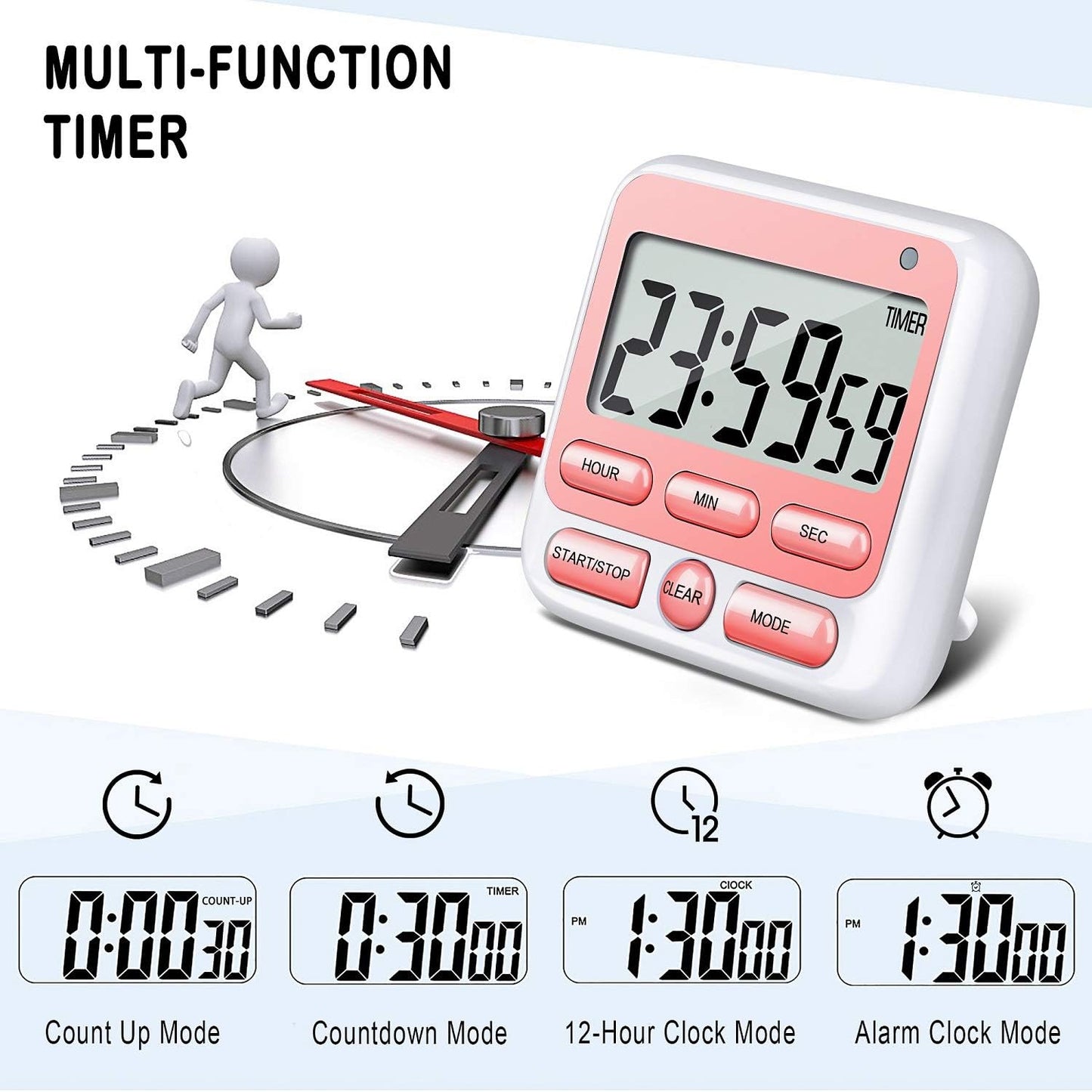 KTKUDY Digital Kitchen Timer with Mute/Loud Alarm Switch ON/Off Switch, 12-Hour Clock & Alarm, Memory Function Count Up & Count Down for Kids Teachers Cooking, Large LCD Display, Strong Magnet (Pink)