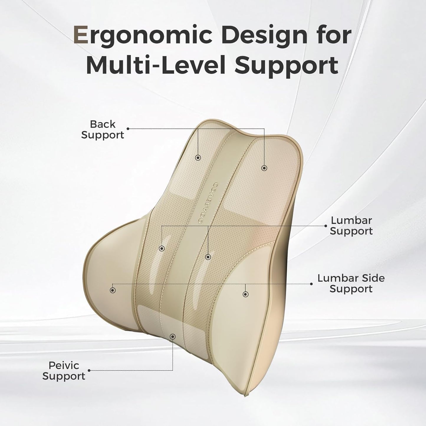 Coverado Lumbar Support Pillow for Car, Ergonomic Memory Foam Back Pillow for Office Chair, Back Cushion for Back Pain Relief, PU Leather Car Lumbar Support for Driving Seat - Beige