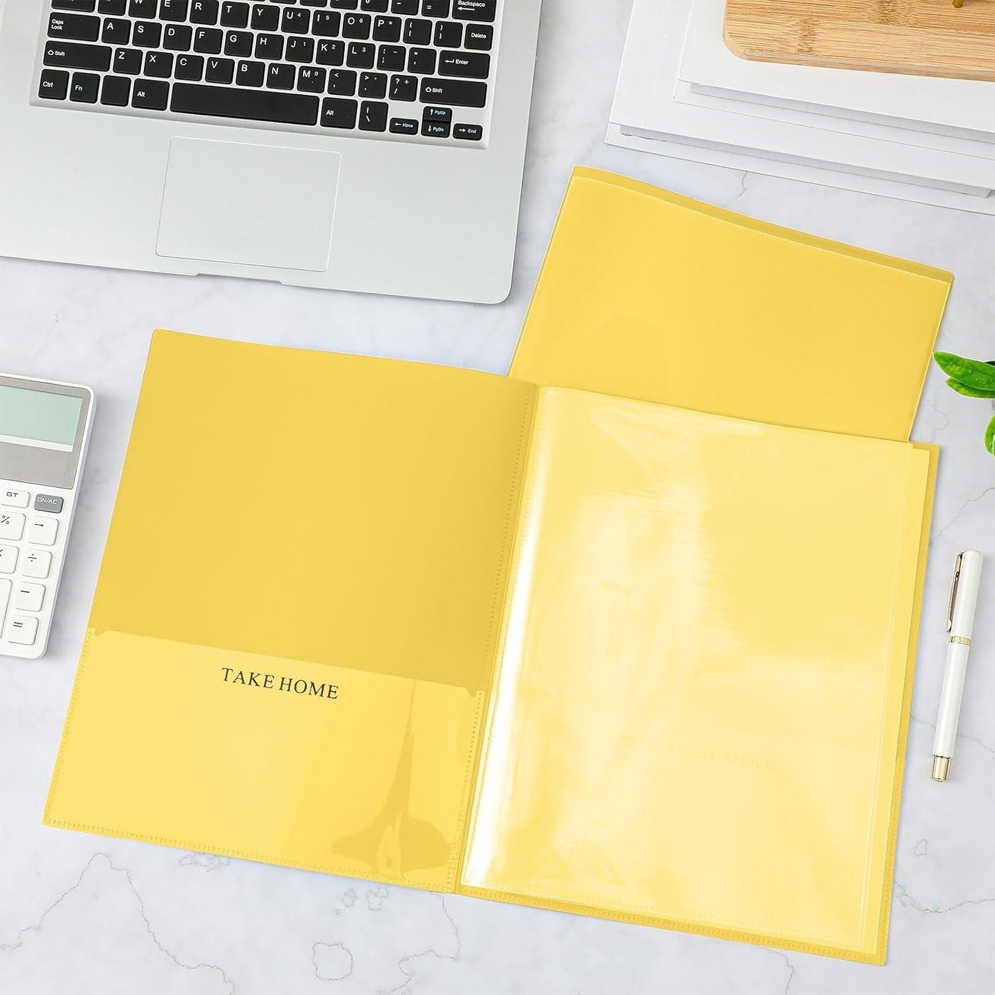 Henoyso 24 Pcs School and Home 2 Pocket Folders with 4 Clear Inner Pockets Plastic Heavy Duty Homework Folders Parent Teacher Communication for Student Home Office Classroom,11 x 9 Inch (Yellow)