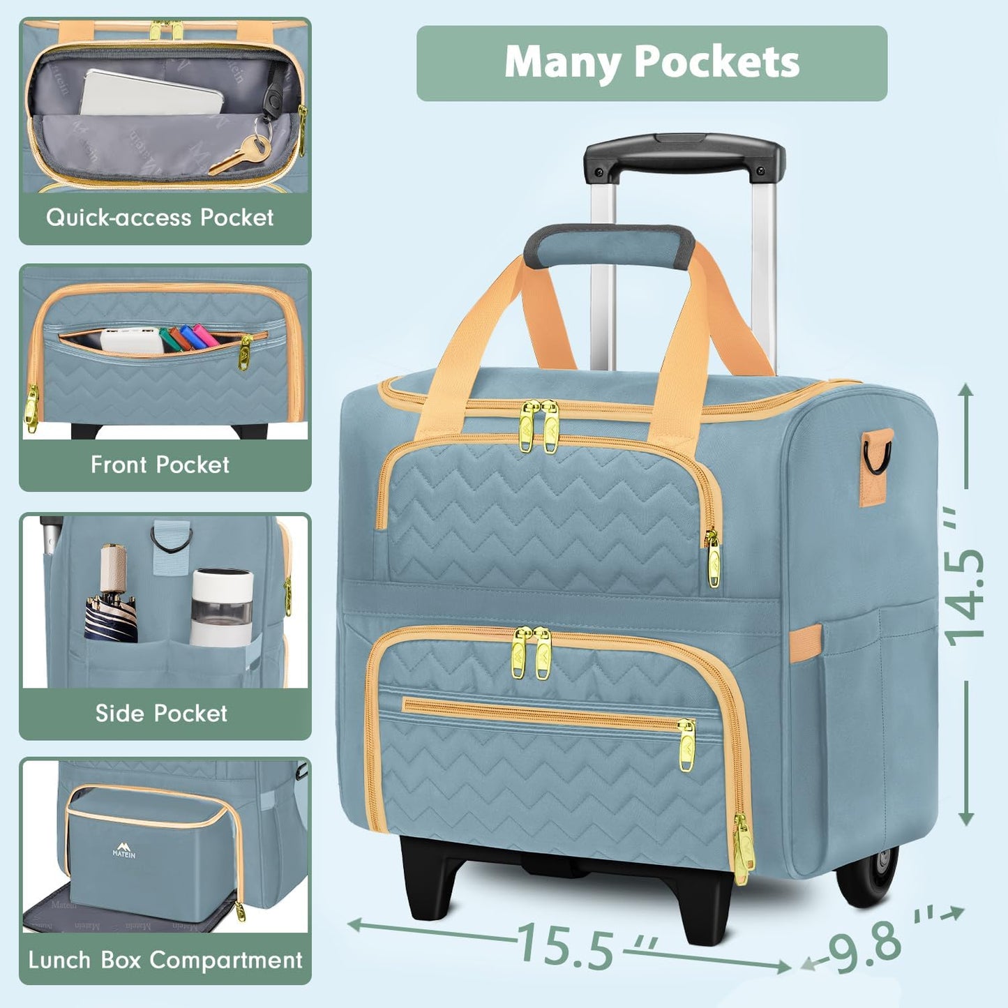 MATEIN Rolling Teacher Tote Bag, 15.6 Inch Rolling Briefcase for Women with Wheels & Detachable Cart, Roller Laptop Bag on Wheels with Insulated Lunch Box for College Business Office, Blue