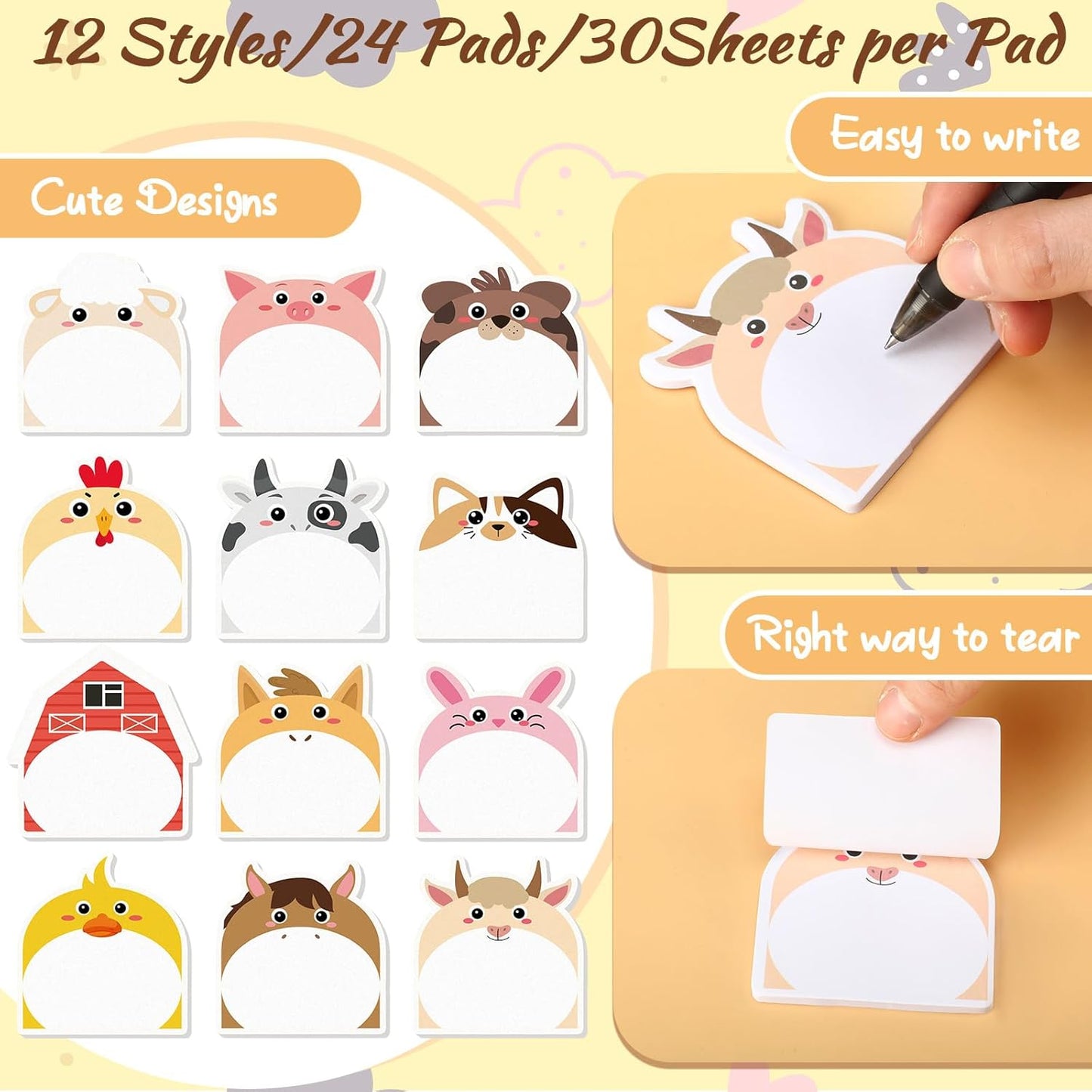 Yinder 24 Pads Cute Sticky Notes Fun Kawaii Animal Sticky Notes Pads Bulk Cartoon Memo Self Adhesive Gift for Christmas Veterinary Office School Tab Party Supplies(Farm Animals)