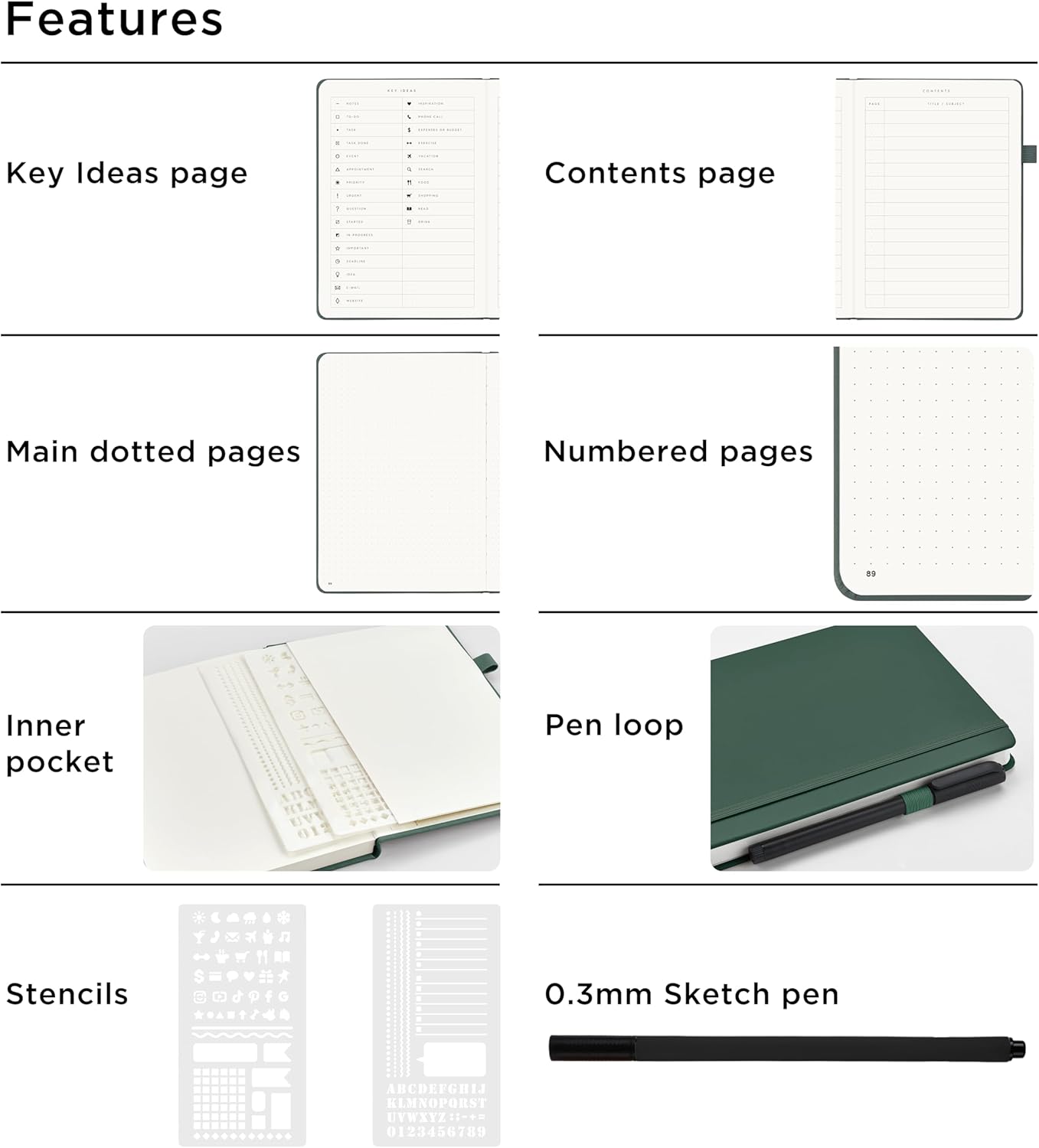 &And Per Se Dotted Journal Notebook Set (3 Packs), A5 Hardcover Dotted Notebook, 176 Numbered Pages Bullet Journaling Kit, 2 Stencil Sheets and 1 Fineliner Pen Included - 5.7'' x 8'' (Green)