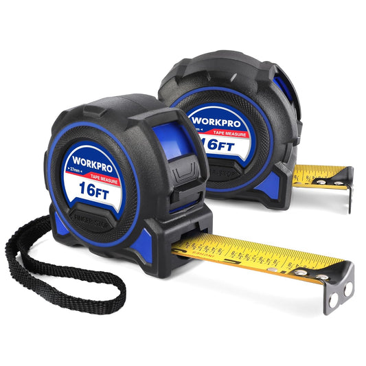 WORKPRO 16FT Tape Measure, 2Pcs Heavy Duty Retractable Tape Measurement, Long Stand Measuring Tape Accuracy 1/32 for Engineer, with Magnetic Hook, Belt Clip, Rubber Protective, Thumb Lock, Finger Stop