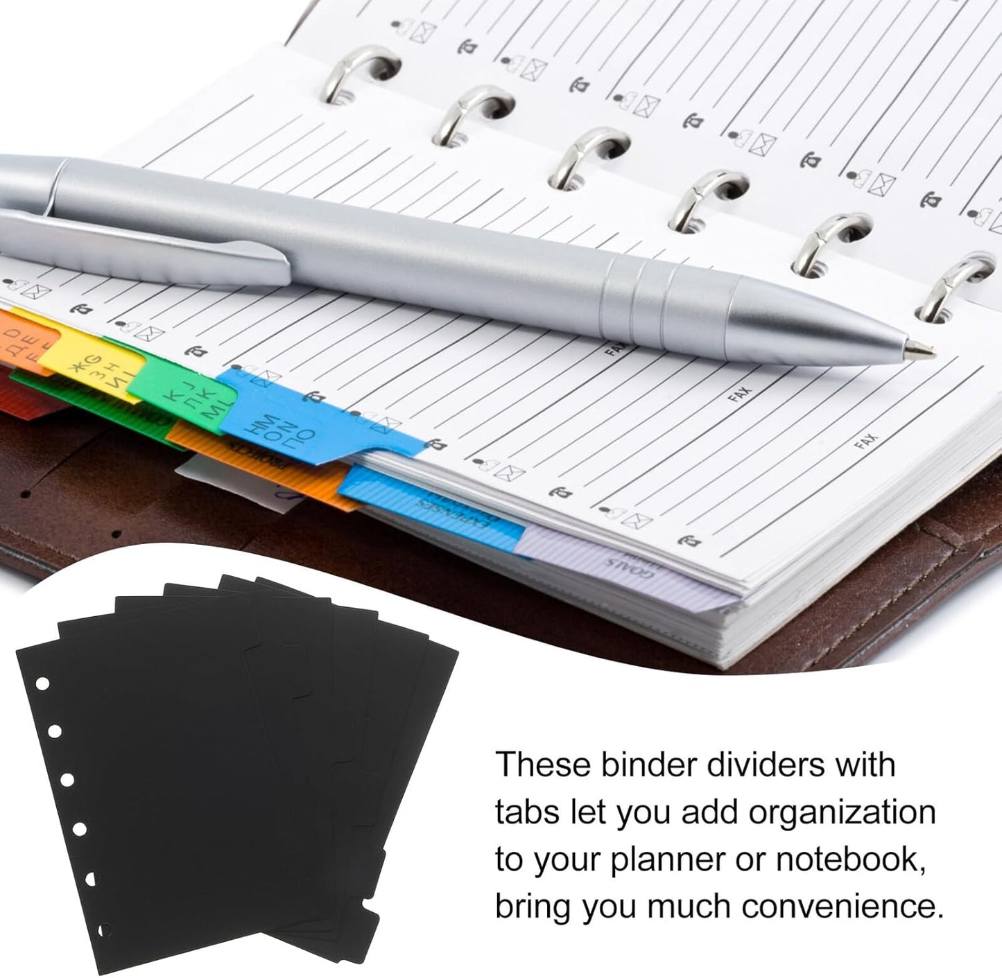 FUOYLOO 6 Sheets Sturdy Binder Dividers with Tabs for Ring Binders Notebook Indexing Pages Black Organizer Inserts for Planners and Notebooks