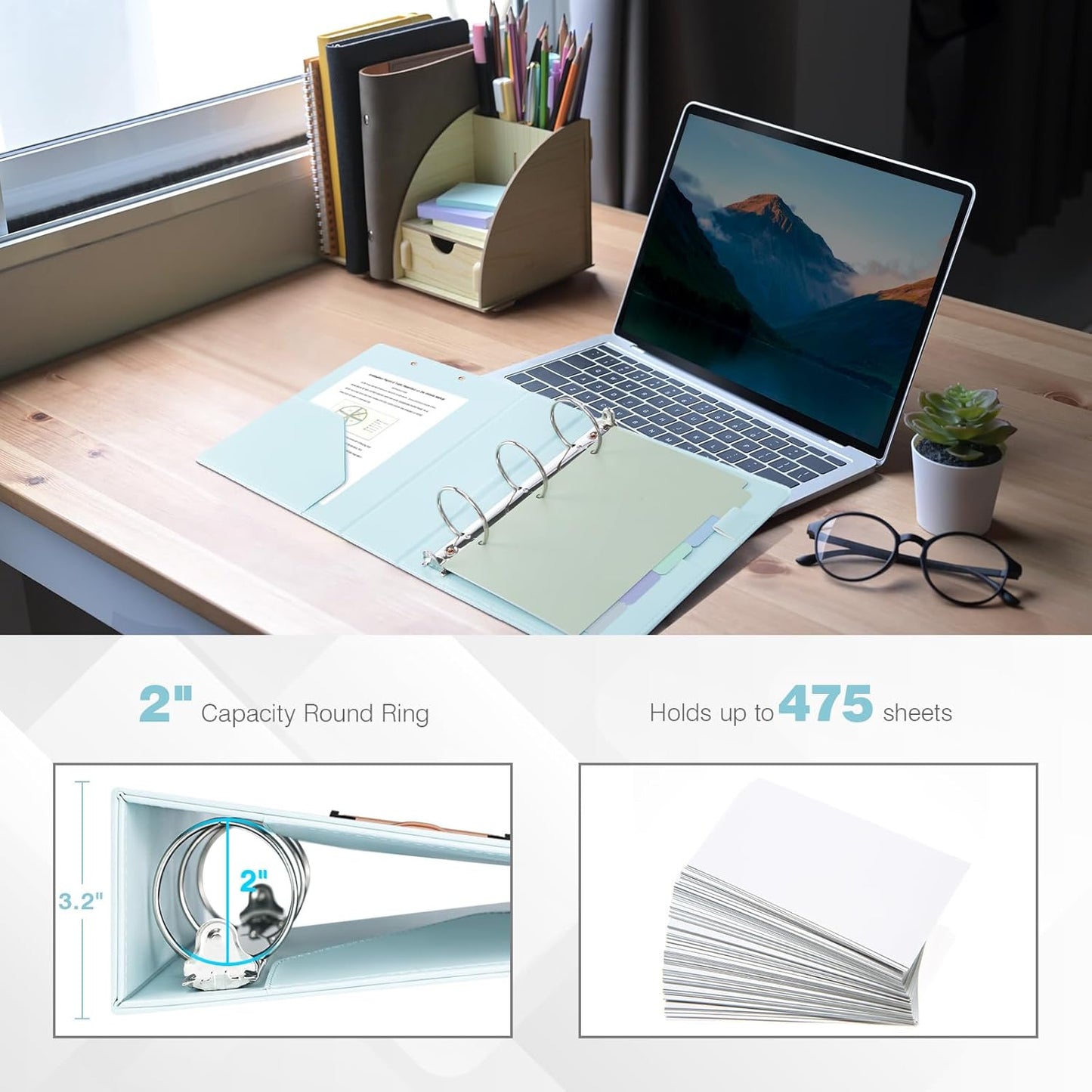 Ospelelf Mini Binder 2 Inch Small 3 Ring Vintage Leather Clipboard 5.5" x 8.5", Professional Binder Organizer Dividers with Tabs, Bule