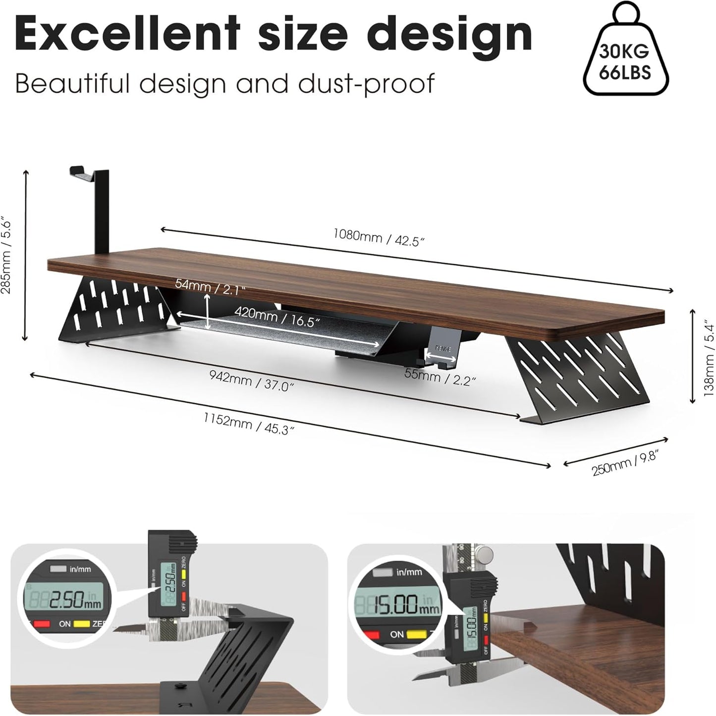 Fenge Dual Monitor Stand, 42.5 Inch Monitor Riser for Desk, Wood Desk Shelf for 2 Monitors, 2 Tier Monitor Shelf with Headphone Stand & Phone Holder