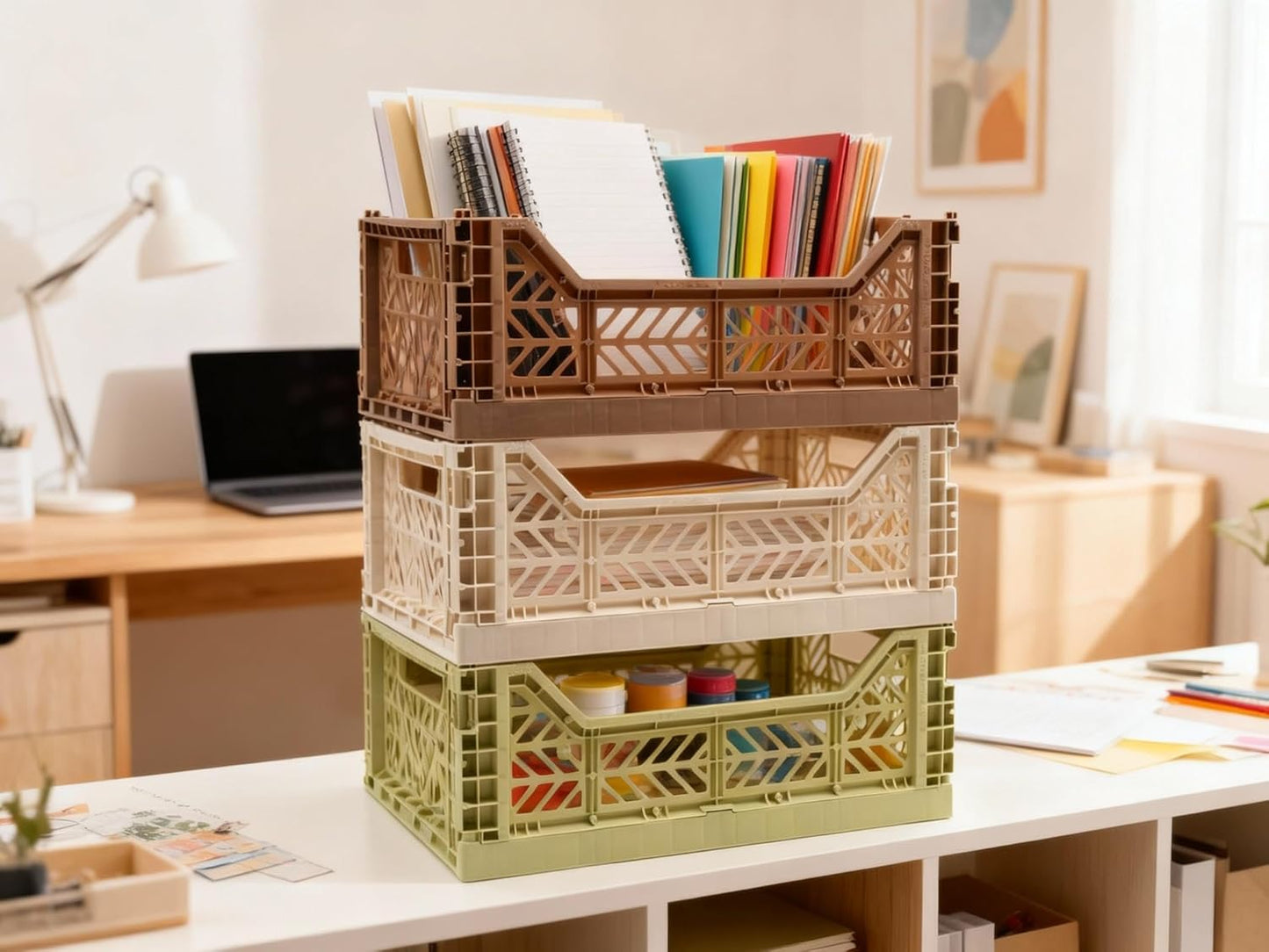 Collapsible Storage Box, Foldable Crate Organizer Bin with Handle, Stackable Crates for Home Organization (WarmTaupe-Lime-Coconut, 14L - 3 Pack)