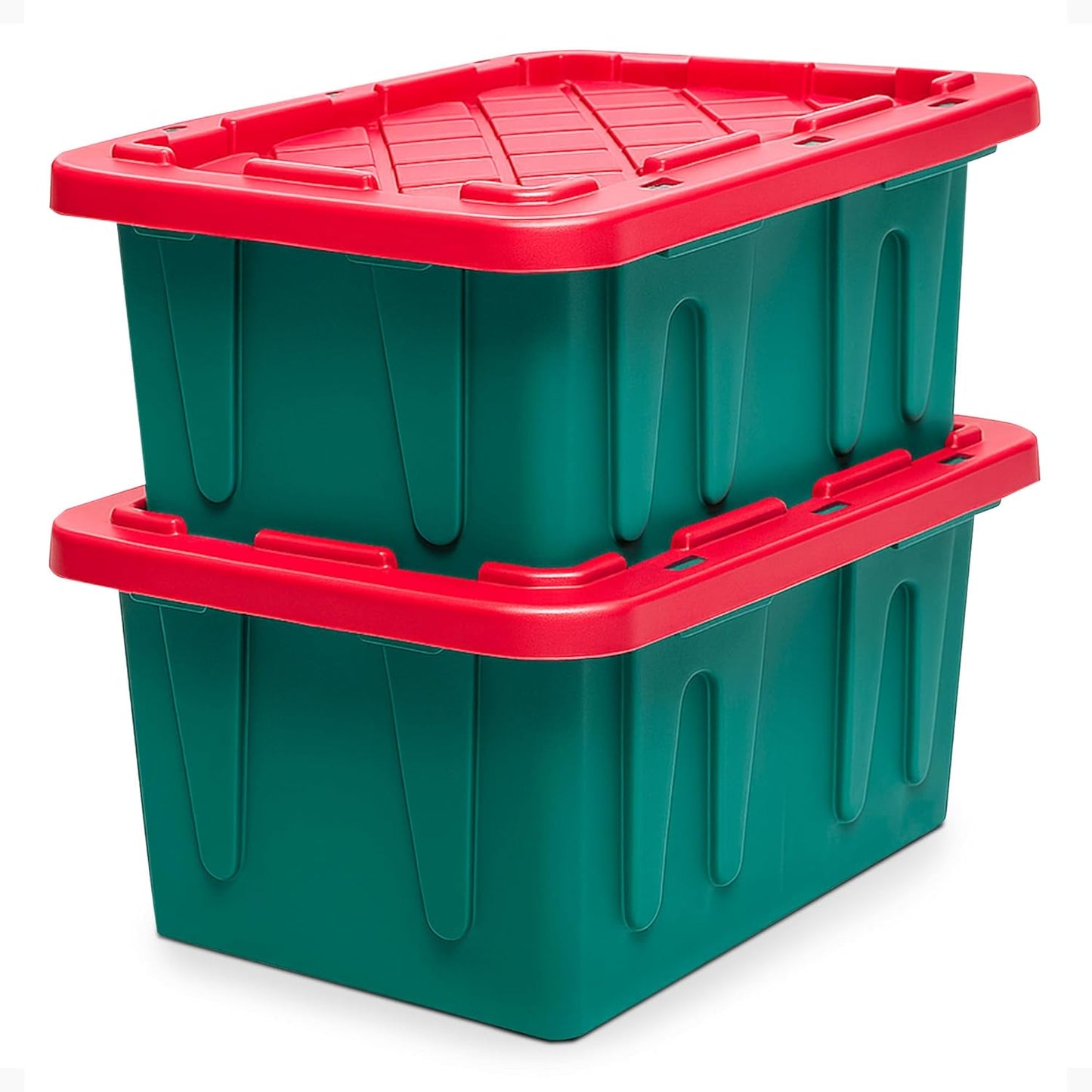 HOMZ 2-Pack Durabilt, Heavy Duty Plastic Storage Bins with Lids, 15 Gallon, Green/Red - Stackable Container Boxes for Holiday, Attic, and Garage Organization