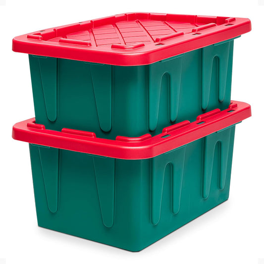 HOMZ 2-Pack Durabilt, Heavy Duty Plastic Storage Bins with Lids, 15 Gallon, Green/Red - Stackable Container Boxes for Holiday, Attic, and Garage Organization