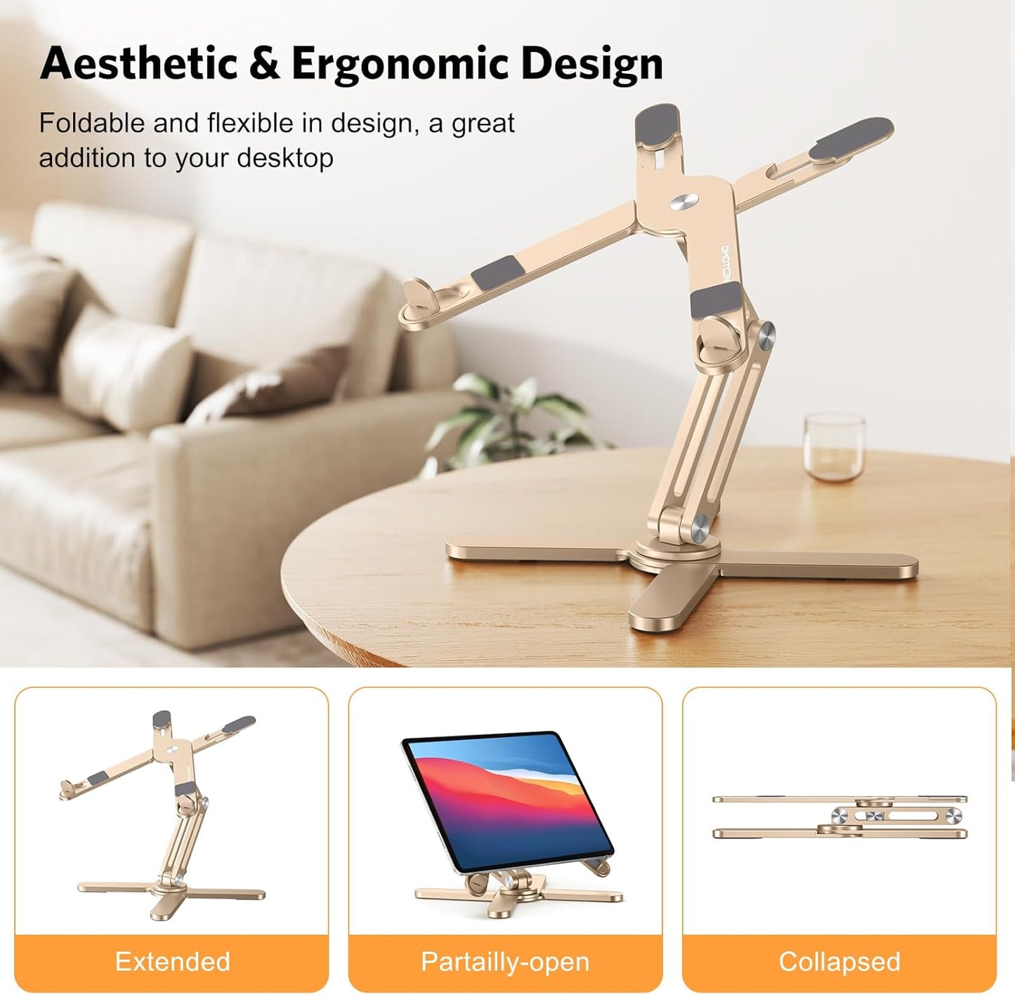 OMOTON 360 Rotating Laptop Stand Riser for Desk, Ergonomic Foldable Computer Stand Adjustable Height Angles for Collaborative Work, Easy Storage Fit Macbooks,All Laptops up to 16 inches, Gold