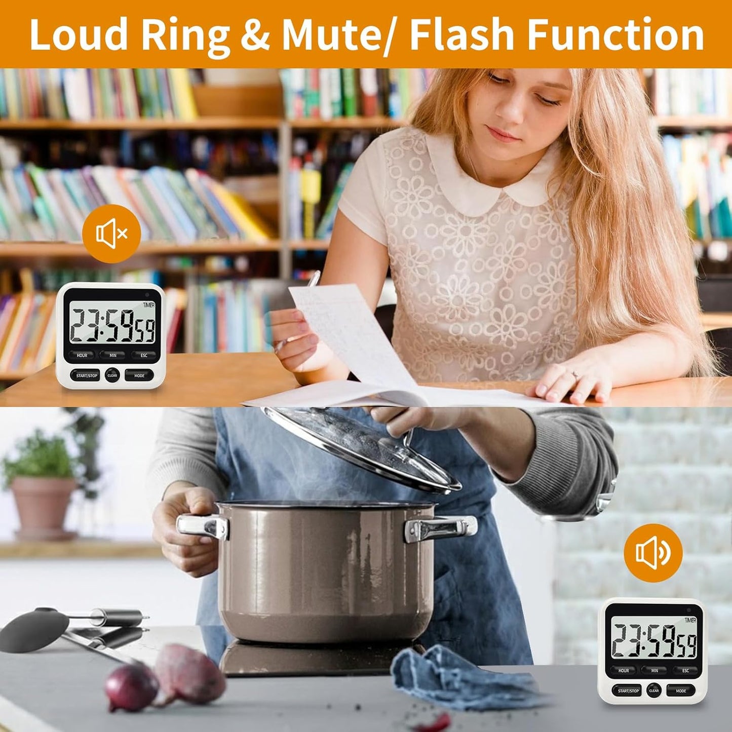 2 Pack Digital Kitchen Timer NKOVE 24 Hour Clock and Alarm Function with Silent or Alarm Manual Switching Count UP or Down and Memory Function Black
