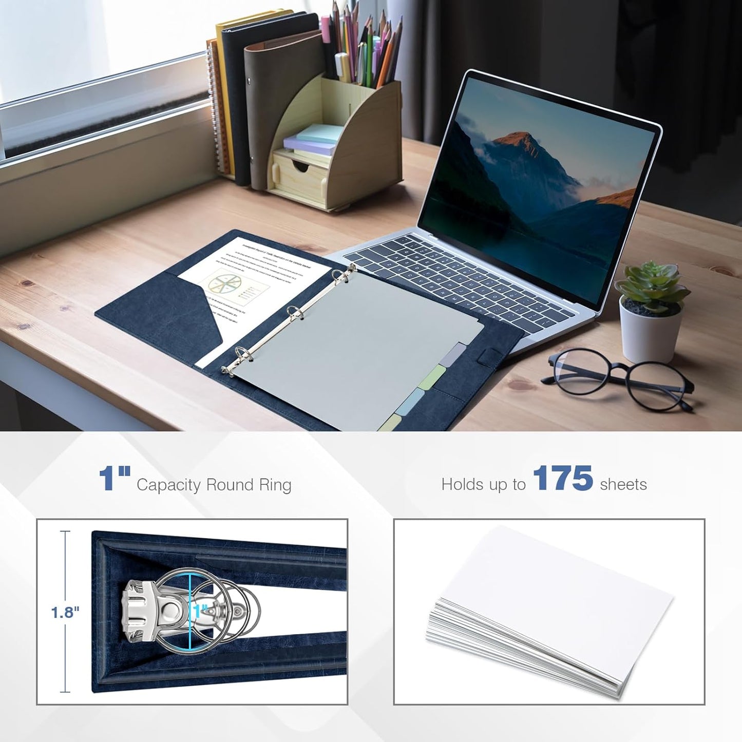 Ospelelf 3 Ring Binder With Clipboard 1 Inch Leather for Letter Size (8.5" x 11"), 5 Tab Dividers Office Supply, Dark Blue