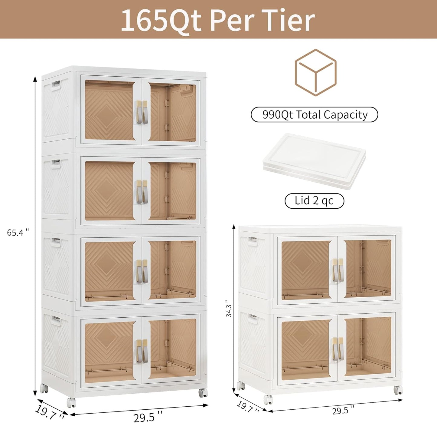 Large Stackable Storage Bins with 2 Lids, 990QT-165QT*6Tier Foldable Cabinet for Closet Organizers, Plastic Storage Containers Box with Wheels