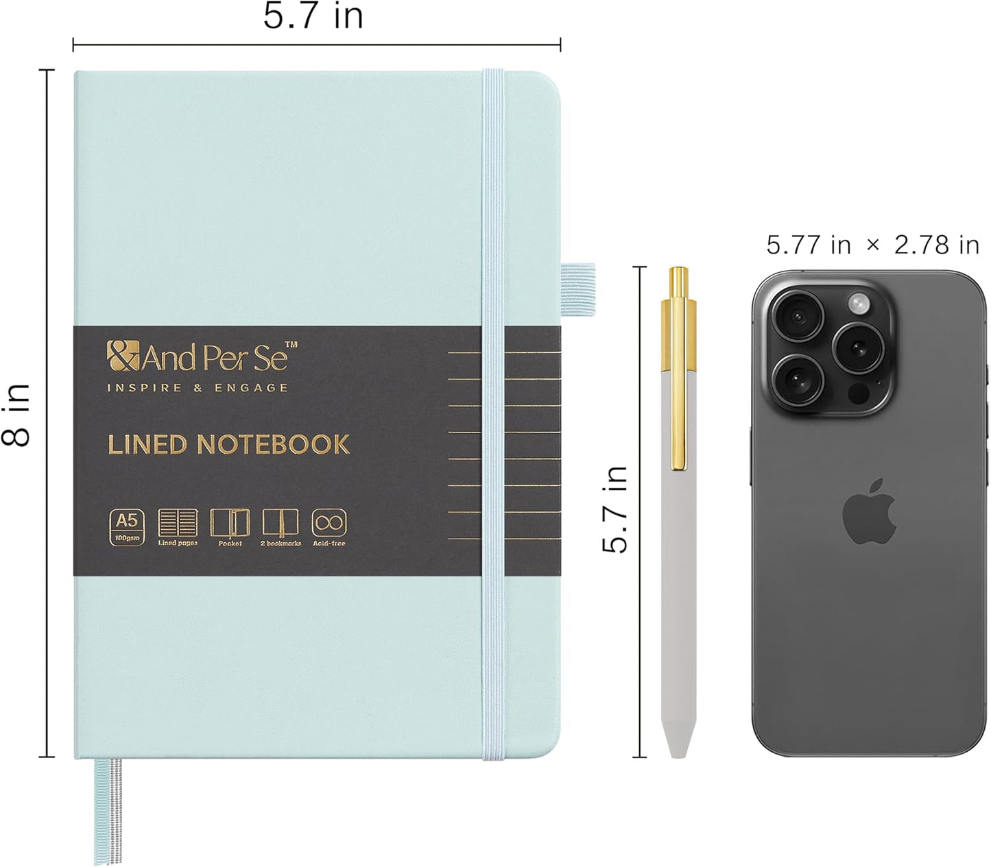 &And Per Se Lined Journal and Pen Set (3 packs), A5 Leather Journal Stationery Set, 160 Pages 100GSM Thick Paper, Notebook Gift Set (Cyan)