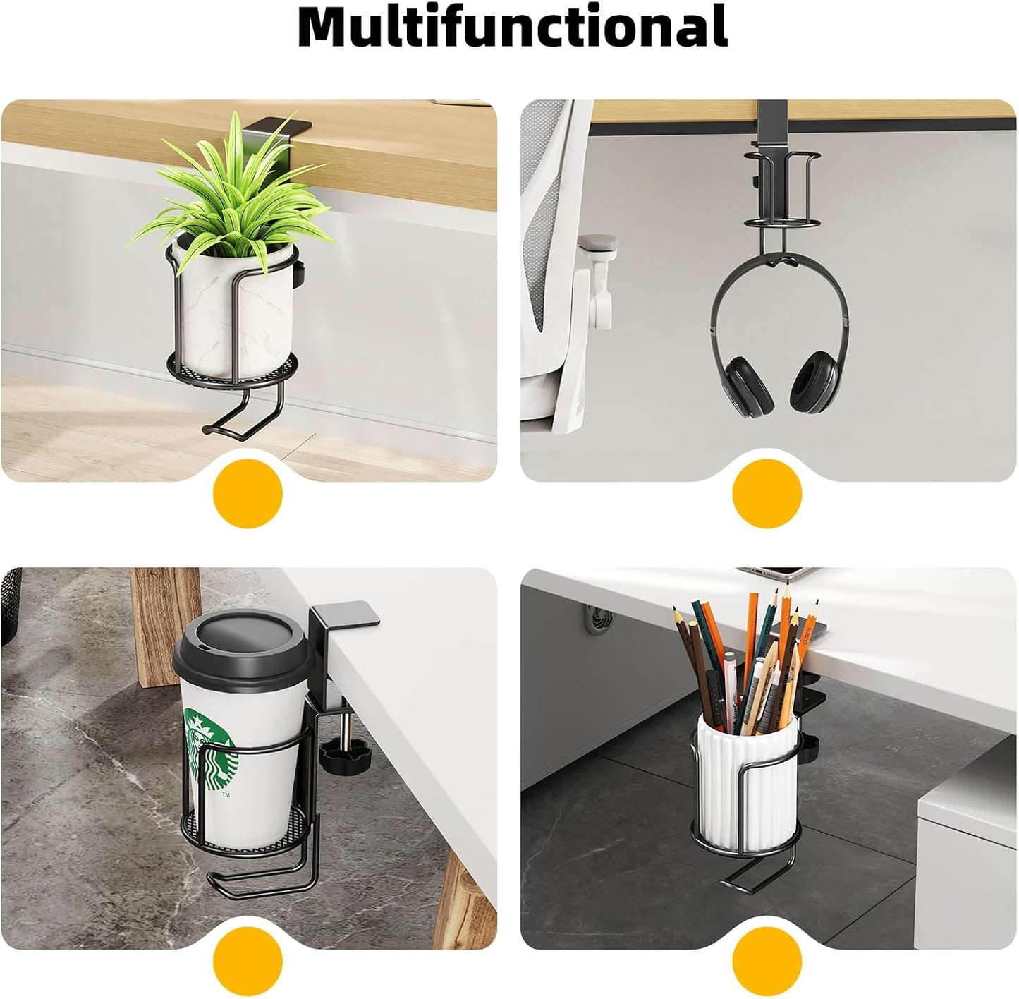 2 Pack 2 in 1 Desk Mug Hooks with Headphone Hanger Holder, Anti-Spill Clip-On Table Mug Hooks with 360° Rotation for Lawn Chair, Office Home Gaming Table