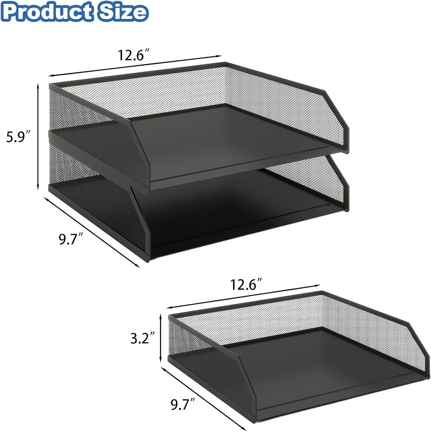 Natwind 2-Tier Stackable Paper Tray, Metal Mesh Desktop Organizer, A4 Paper Sorter, Letter Trays,File Folder Sorter Organizer with Sliding Tray for Home, Office, School (Black)