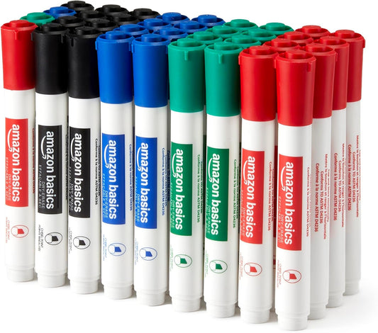 Amazon Basics Low-Odor Dry Erase Whiteboard Markers, Chisel Tip, 4 Assorted Colors, 36 Count
