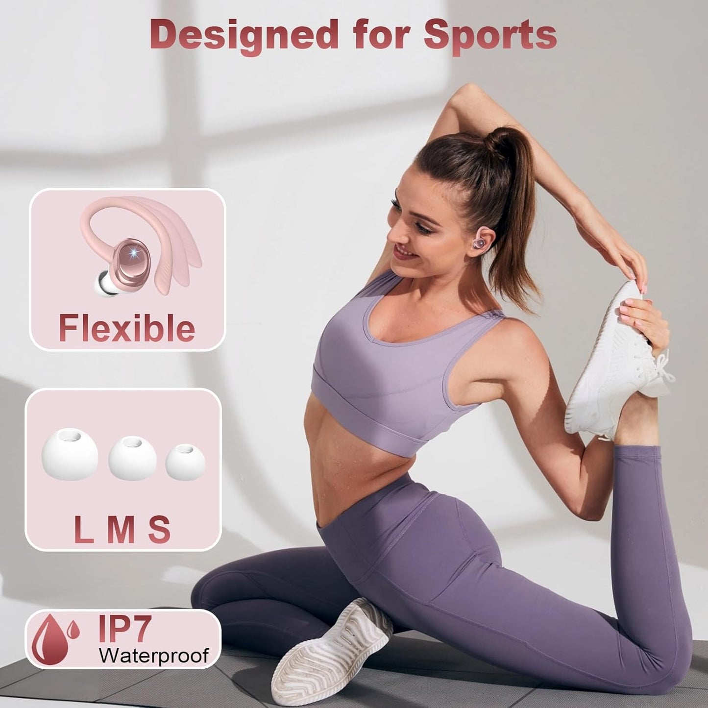 Wireless Earbuds Sport, New Bluetooth 5.4 Headphones with Earhooks, 50H Stereo Deep Bass Over Ear Buds with 4 ENC Noise Canceling Mics, IP7 Waterproof Earphones for Running Workout Gym -Rose