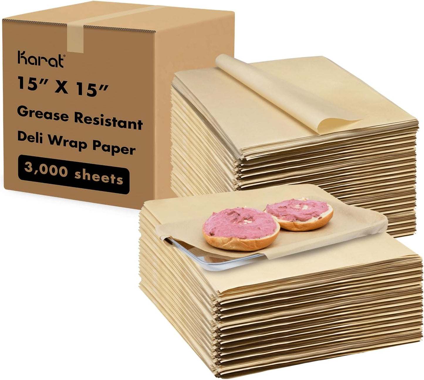 Karat [3,000 ct] 15"x15" Deli Paper Sheets | Kraft Grease-Resistant Wrapping Paper | Great for Larger Sandwiches, Burger Baskets, and Catering Trays