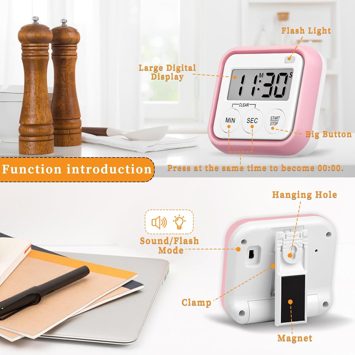 Timer, Kitchen Timers for Cooking Classroom Timer for Kids Teachers Magnetic Digital Timers 2 Pack, Pink