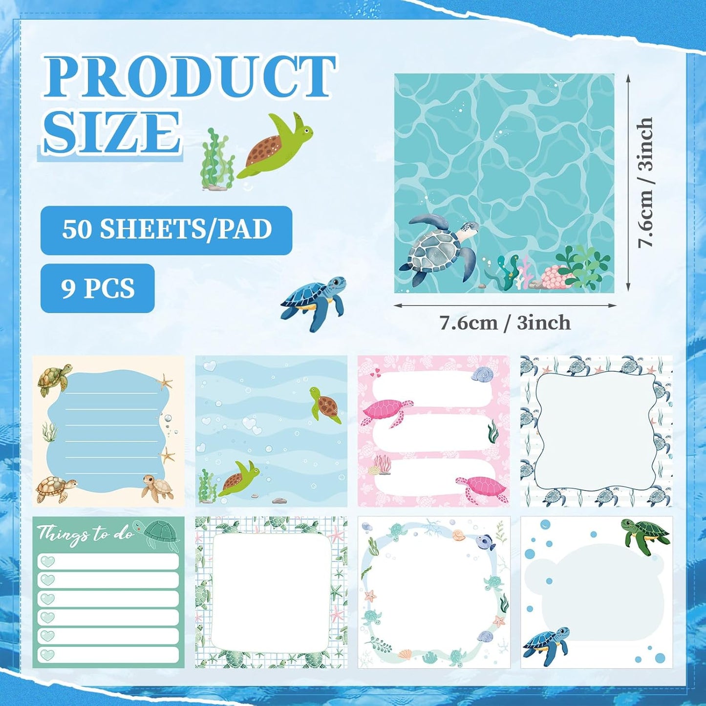 9 Pads Turtle Sticky Notes 3x3 Inch Cute Self Stick Notepads Notes Adhesive Memo Pad Office Decor Gifts for Students School Teacher Meeting Office Supplies