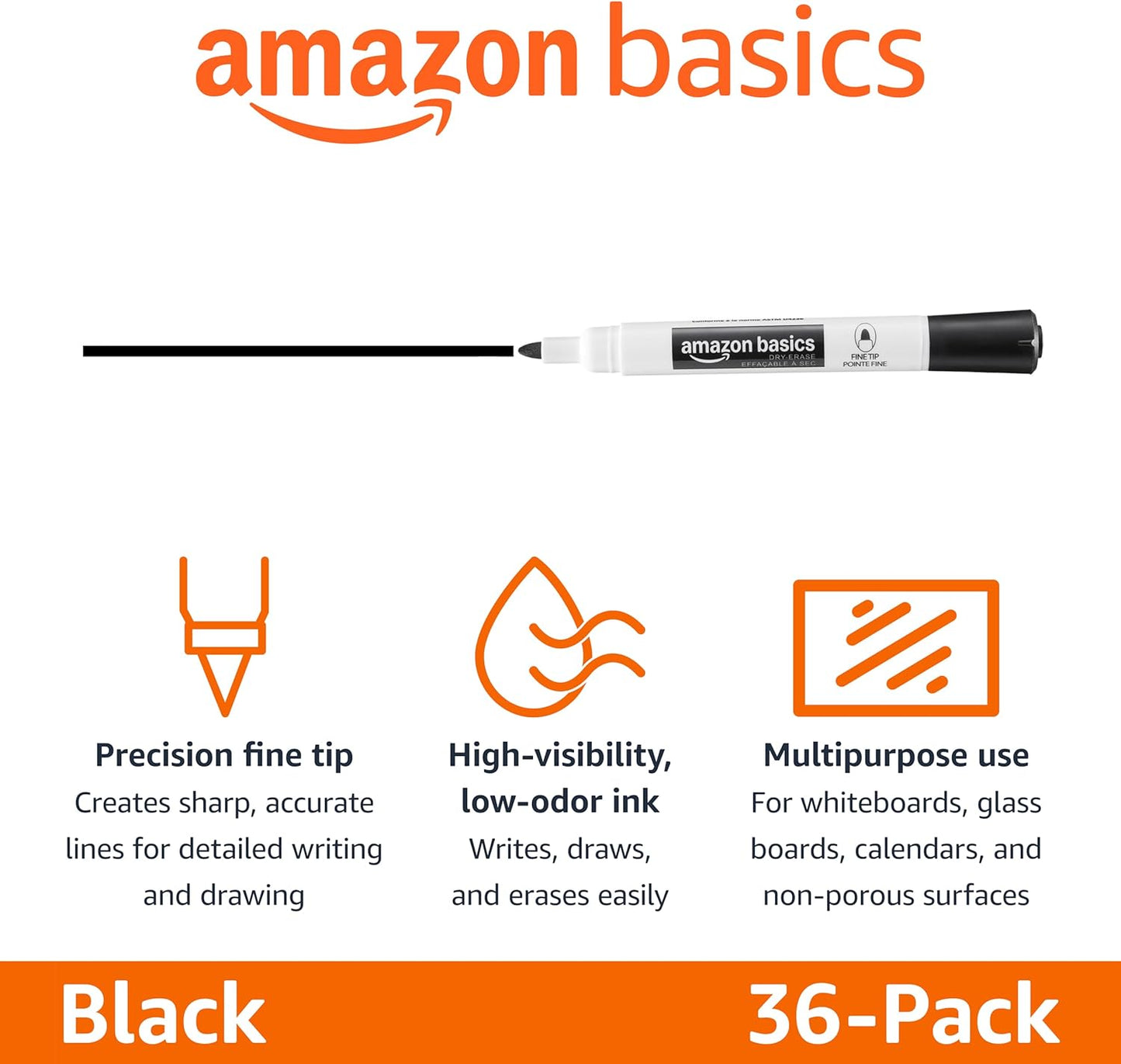 Amazon Basics Low-Odor Dry Erase Whiteboard Markers, Fine Tip, Black, 36 Count