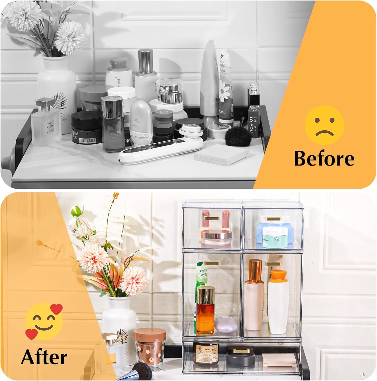 Set of 5 Stackable Storage Drawers, Clear Acrylic Organizer Bins for Beauty Supplies, Perfect for Makeup Vanity, Undersink, Kitchen, Cabinet,Pantry Organization and Storage