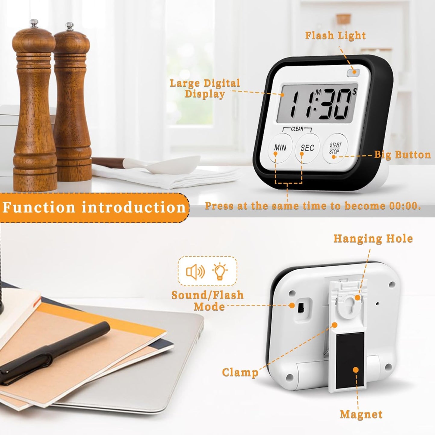 Timer, Kitchen Timers for Cooking Classroom Timer for Kids Teachers Magnetic Digital Timers 4 Pack, Black