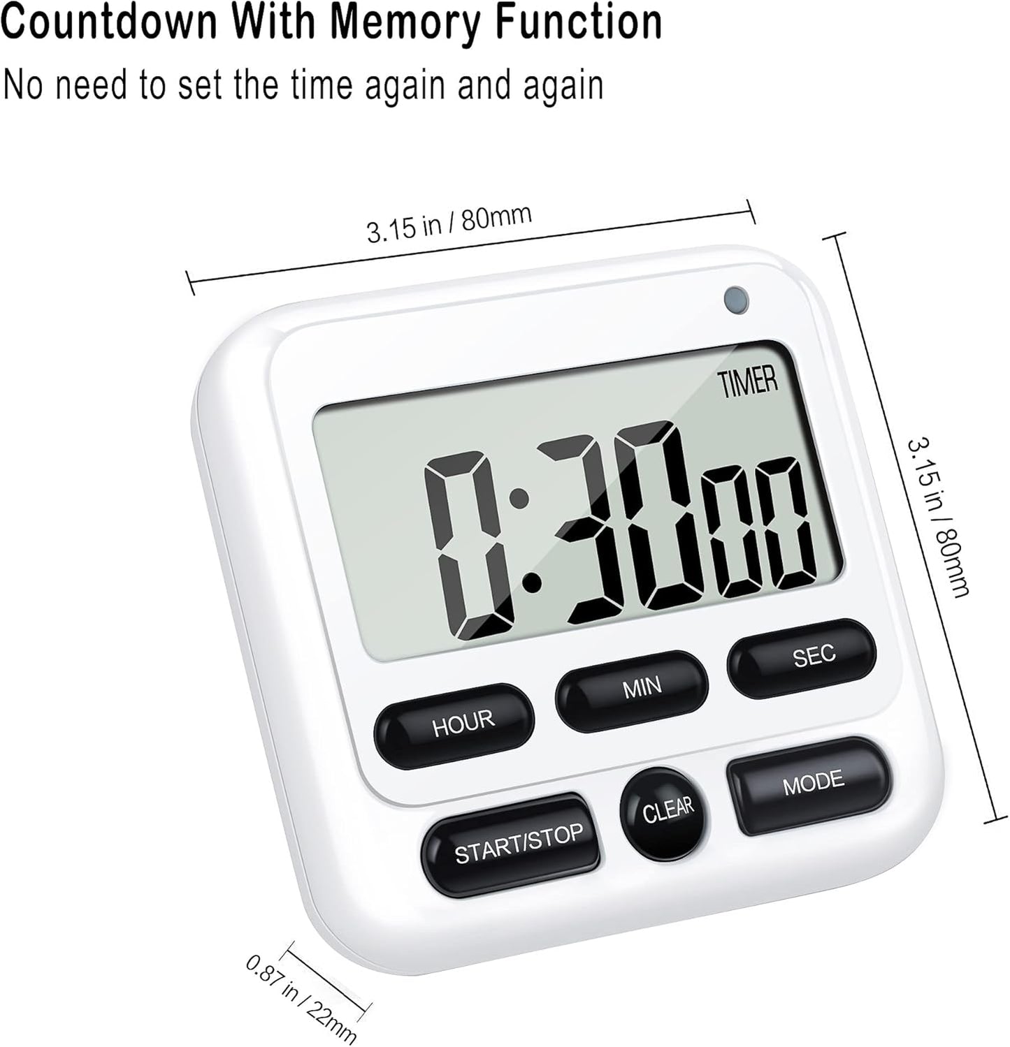 KTKUDY Digital Kitchen Timer with Mute/Loud Alarm Switch ON/Off Switch, 12-Hour Clock & Alarm, Memory Function Count Up & Count Down for Kids Teachers Cooking, Large LCD Display, Strong Magnet (White)