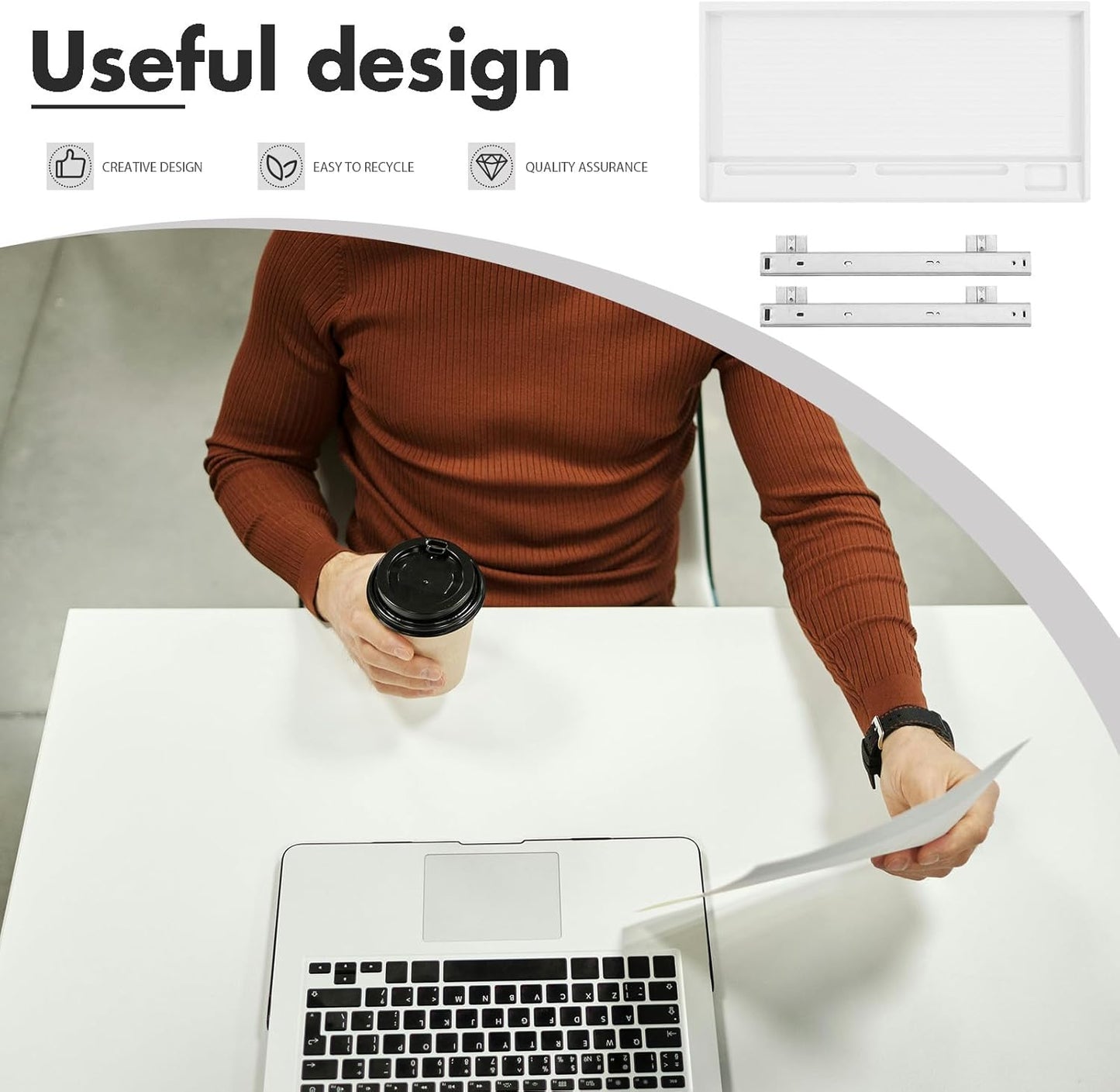 Under Desk Keyboard Tray Sliding Drawer, Pull Out Keyboard Holder with Sliding Rail, Gray-White K1 Set for Office Desk Computer Workspace Organization