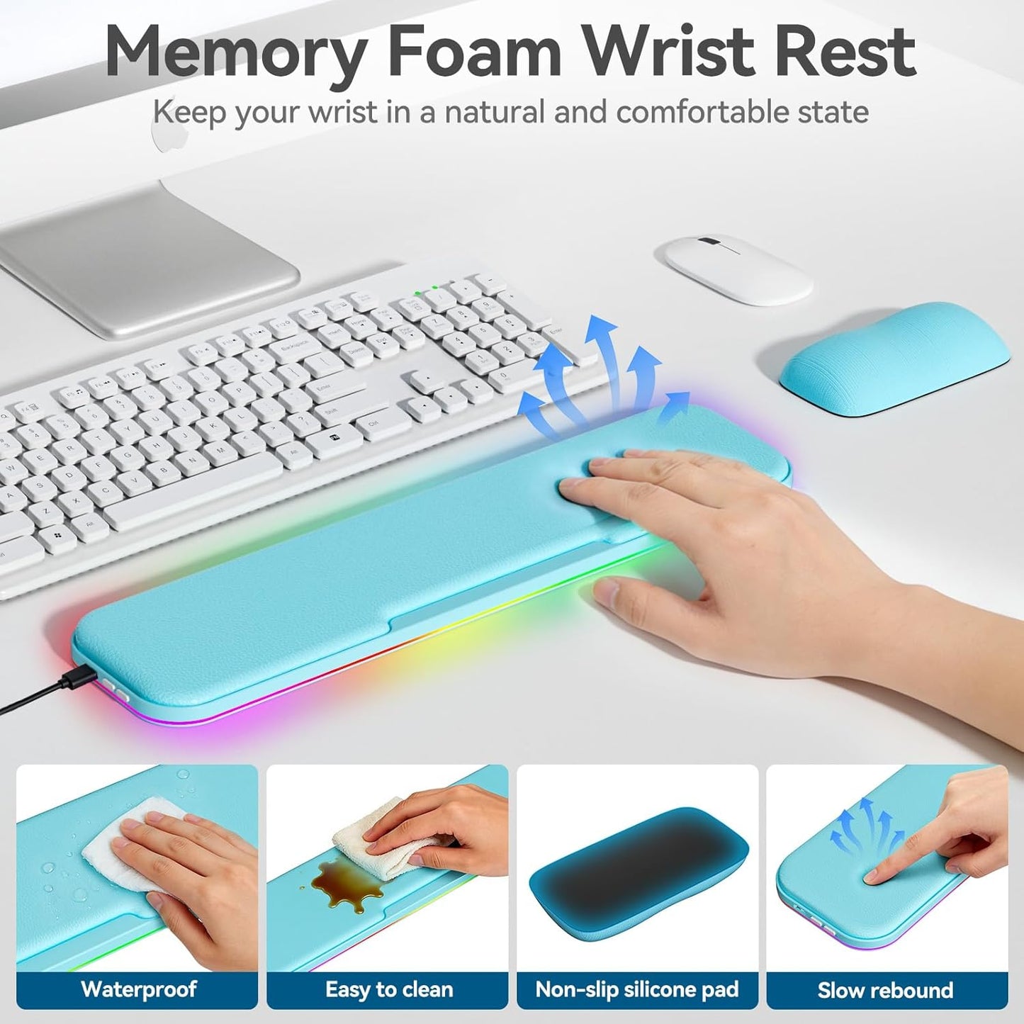 2-in-1 Heated Wrist Rest Set, Ergonomic Memory Wrist Pad with RGB Lights and Non-Slip Base, Keyboard Mouse Wrist Rest for Computer Laptop Office Work and PC Gaming