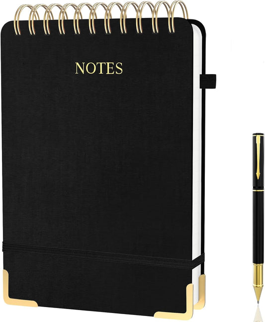 Aesthetic Top Spiral Notebook, A5 Linen Hardcover Top Bound Steno Pads, 240 Pages 100gsm Thick Lined Paper Left Handed Notebook Journal for Work, School, Church Writing - Black, 5.9" x 8.5"