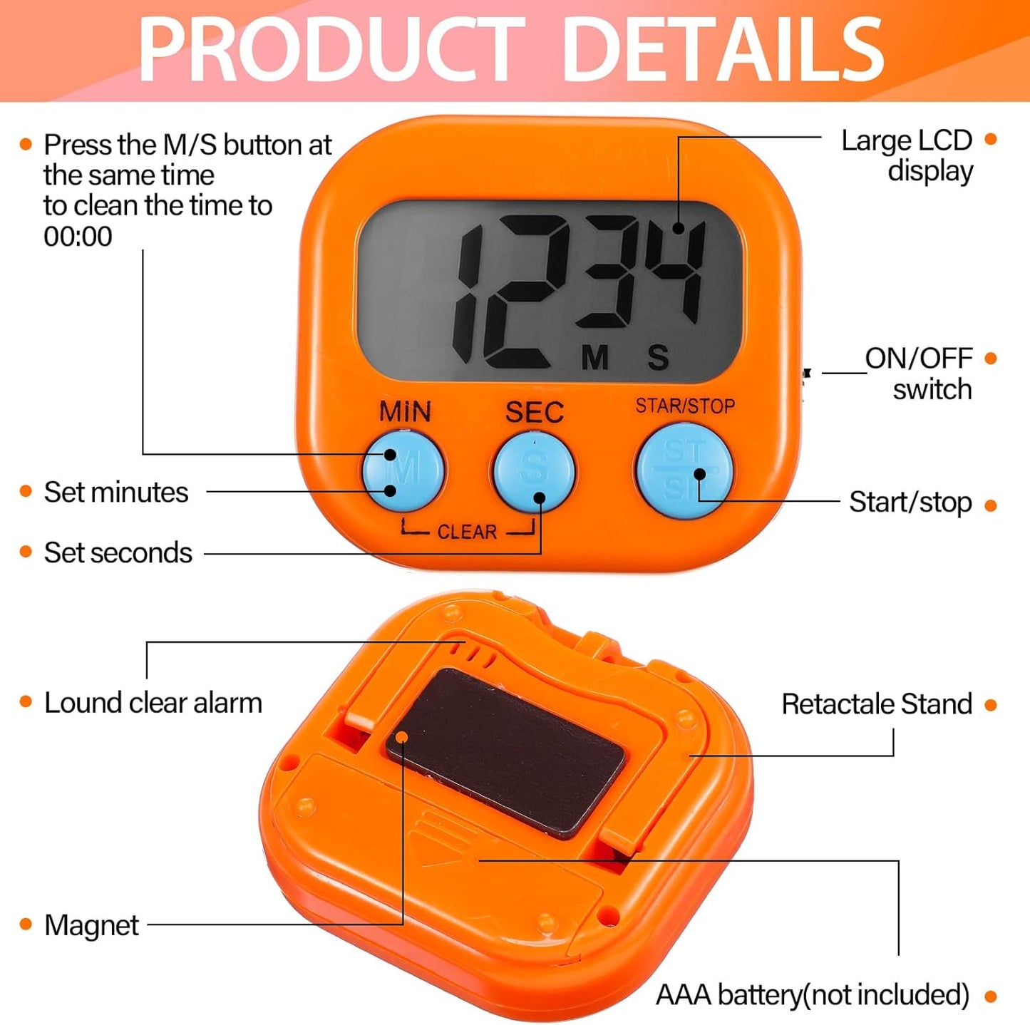 Weewooday 24 Pcs Digital Kitchen Timer Magnetic Timer Bulk On/Off Switch Minute Second Count up Countdown Loud Alarm for Exercise Cook Baking (Pink,Orange)