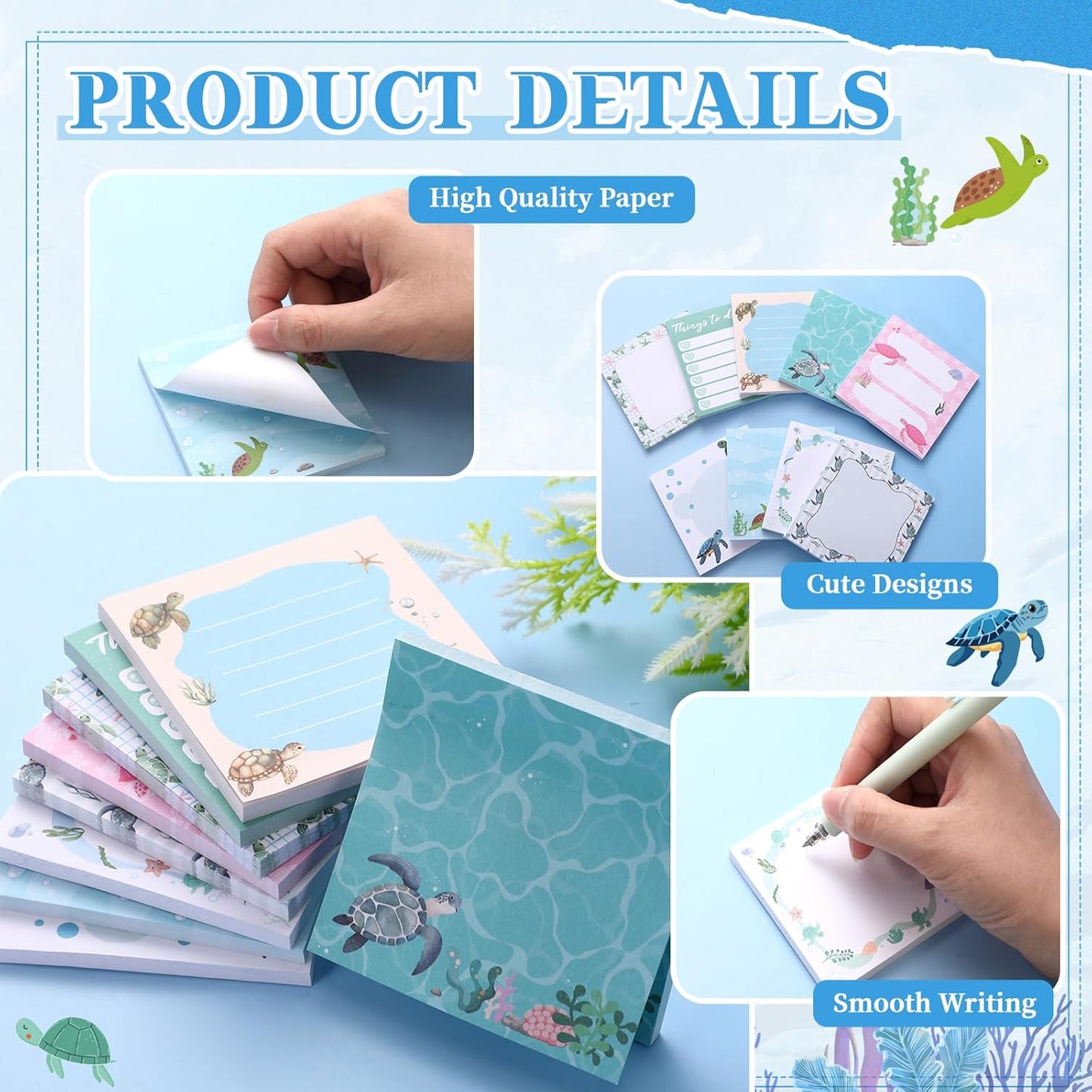 9 Pads Turtle Sticky Notes 3x3 Inch Cute Self Stick Notepads Notes Adhesive Memo Pad Office Decor Gifts for Students School Teacher Meeting Office Supplies