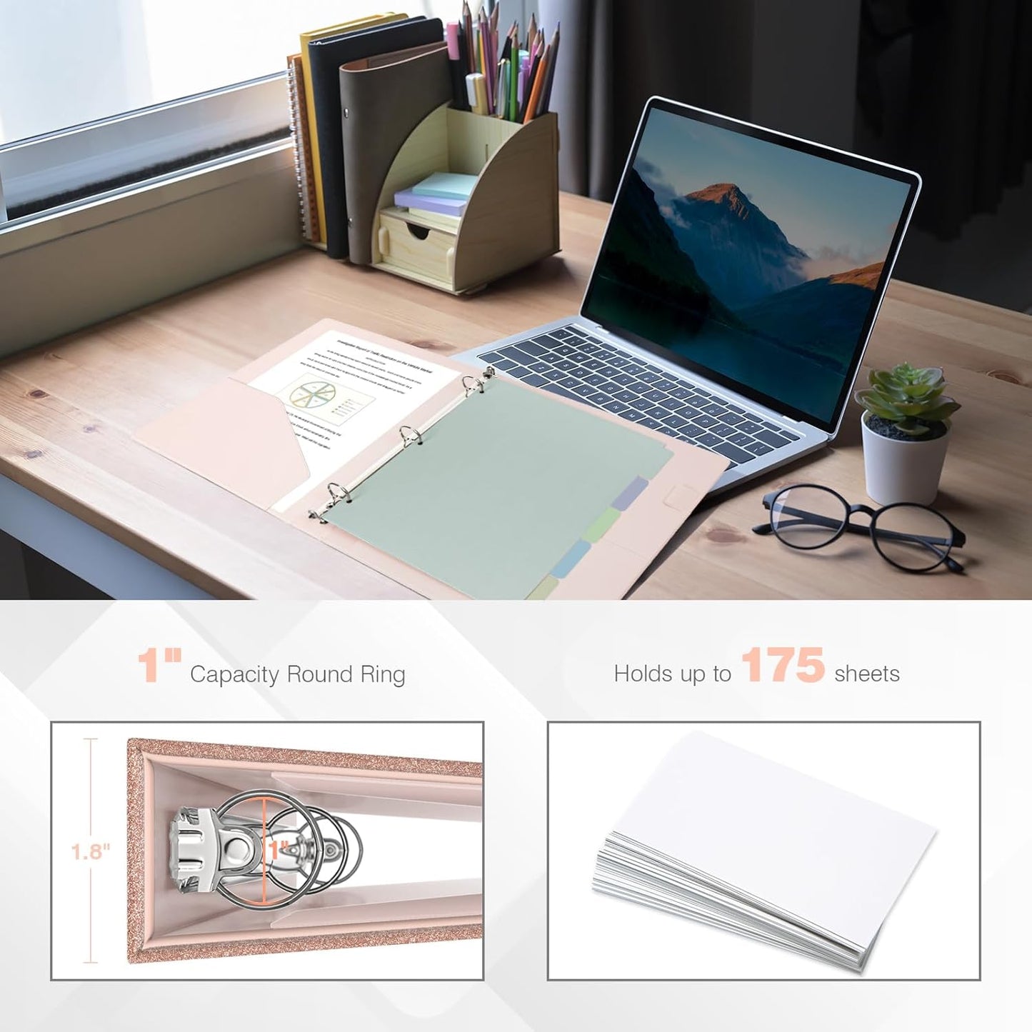 Ospelelf 3 Ring Binder 1 Inch, Vintage Leather Clipboard Binder Organizer for Letter Size (8.5" x 11"), Professional Binder Organizer Dividers with 5 Tabs, Rose Gold